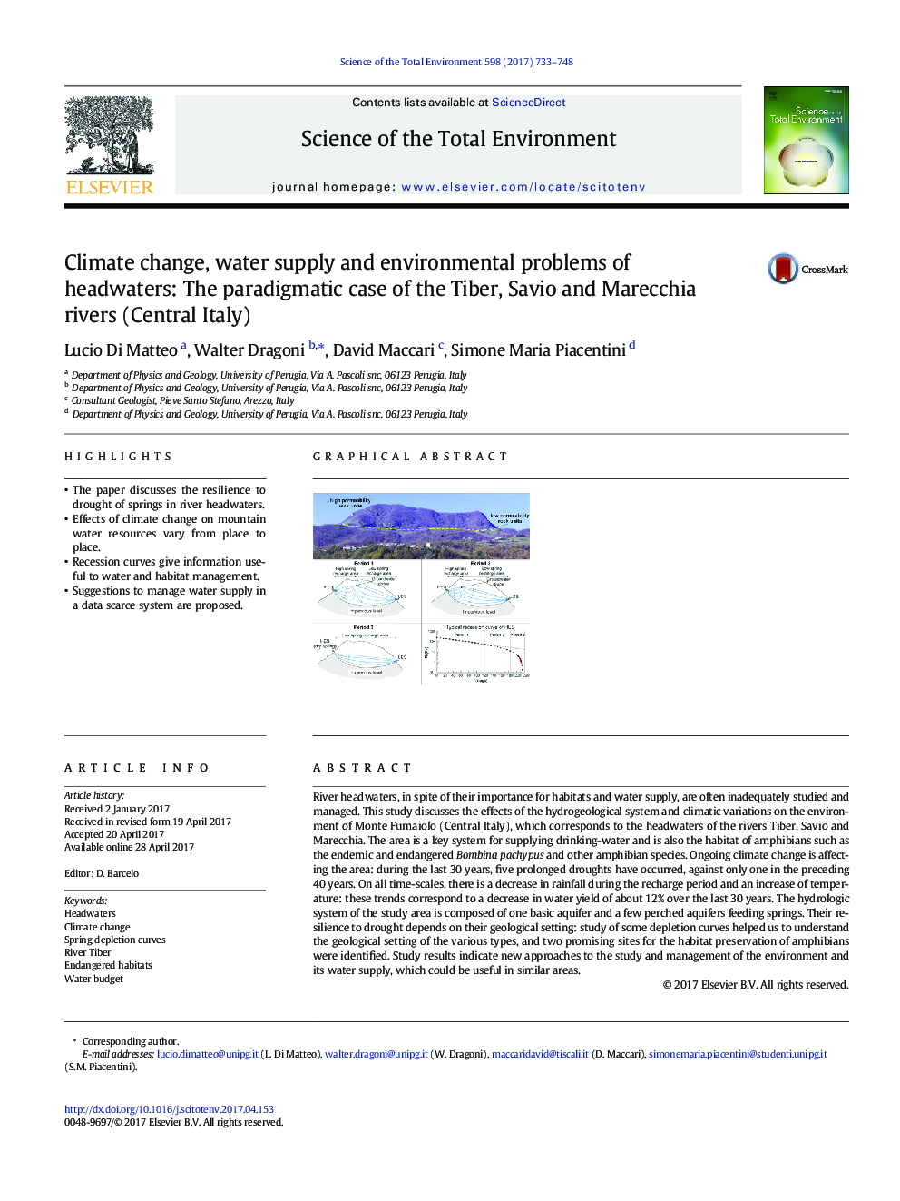 Climate change, water supply and environmental problems of headwaters: The paradigmatic case of the Tiber, Savio and Marecchia rivers (Central Italy)
