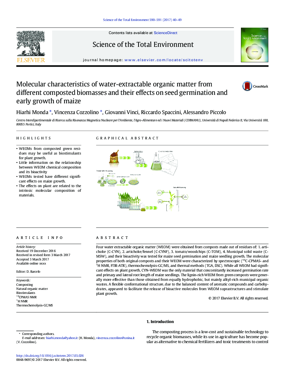 Molecular characteristics of water-extractable organic matter from different composted biomasses and their effects on seed germination and early growth of maize