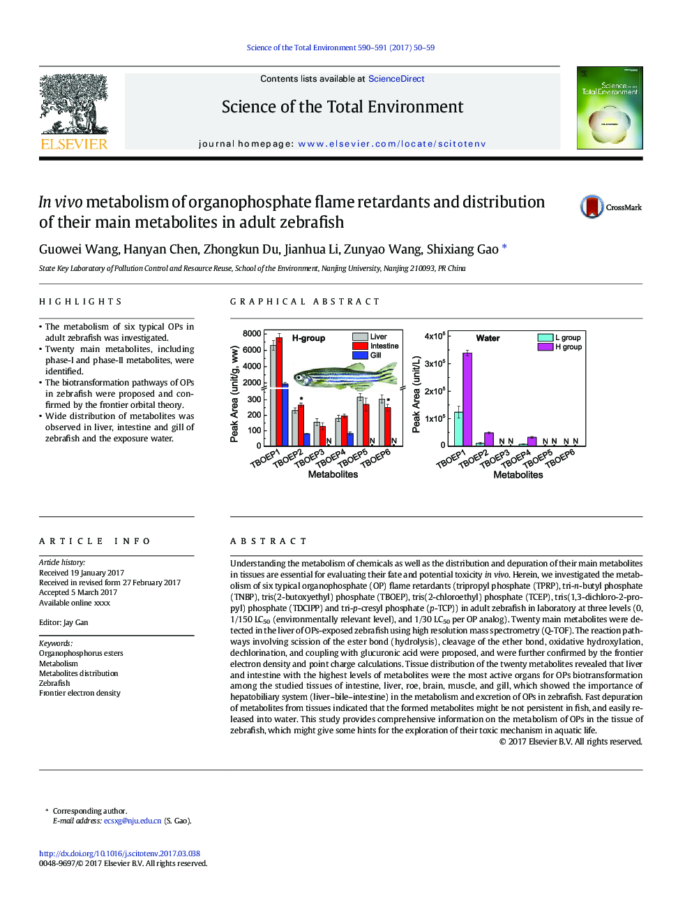 In vivo metabolism of organophosphate flame retardants and distribution of their main metabolites in adult zebrafish