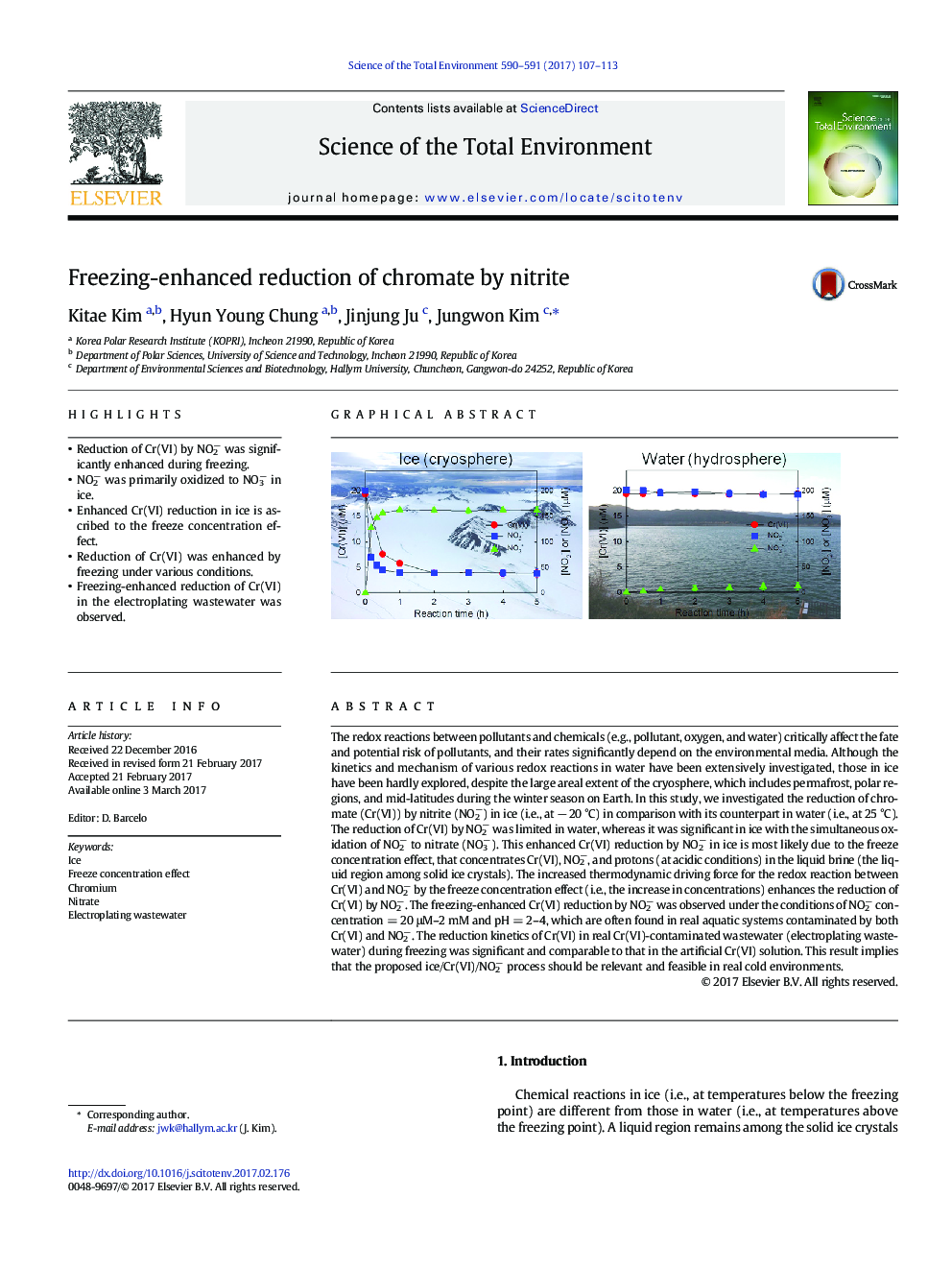 Freezing-enhanced reduction of chromate by nitrite