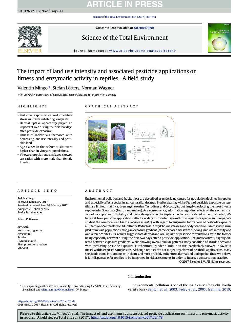 The impact of land use intensity and associated pesticide applications on fitness and enzymatic activity in reptiles-A field study