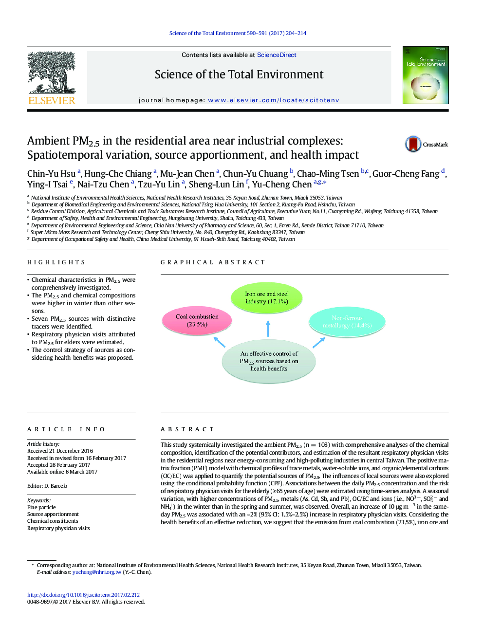 Ambient PM2.5 in the residential area near industrial complexes: Spatiotemporal variation, source apportionment, and health impact