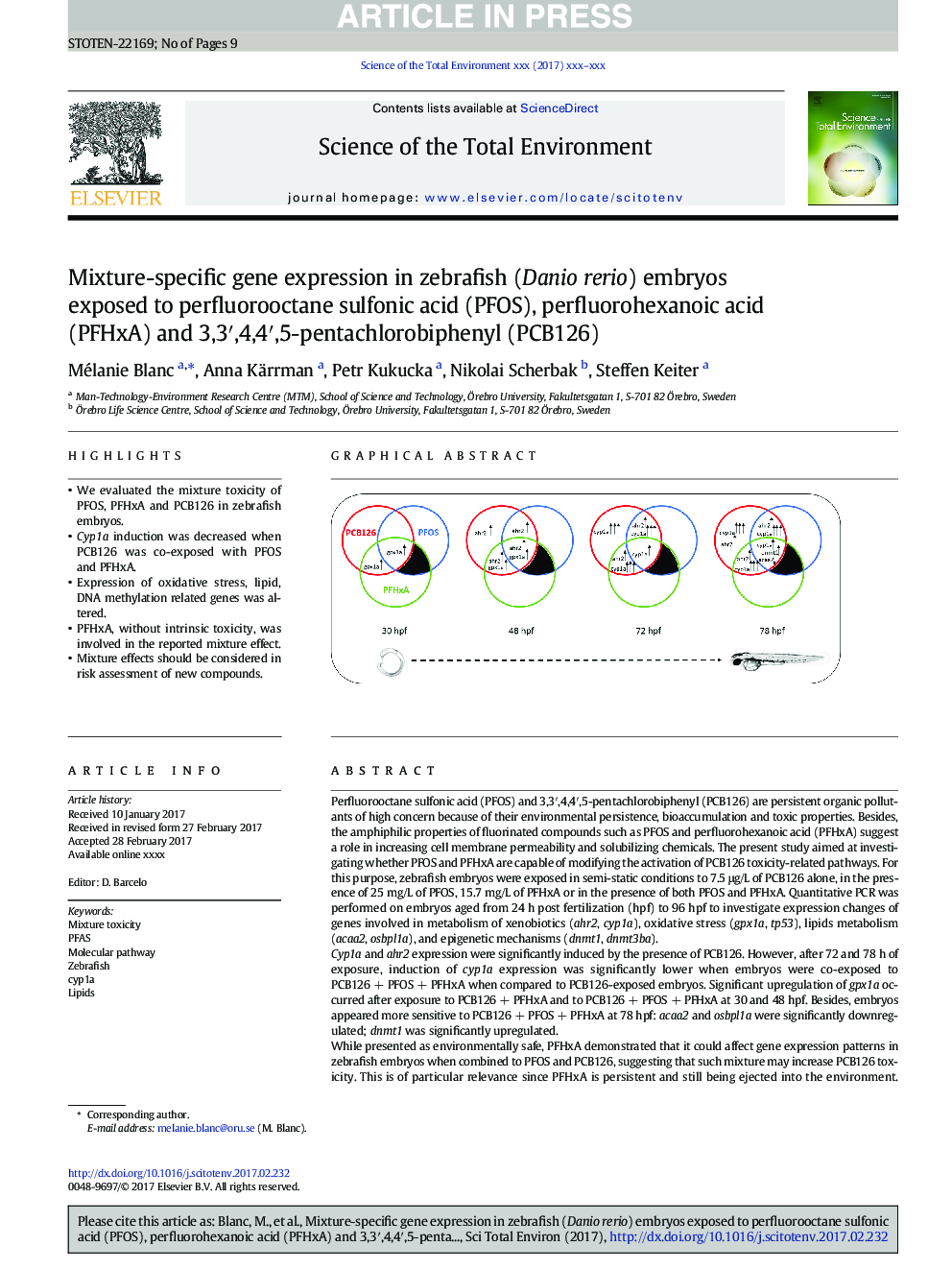 Mixture-specific gene expression in zebrafish (Danio rerio) embryos exposed to perfluorooctane sulfonic acid (PFOS), perfluorohexanoic acid (PFHxA) and 3,3â²,4,4â²,5-pentachlorobiphenyl (PCB126)