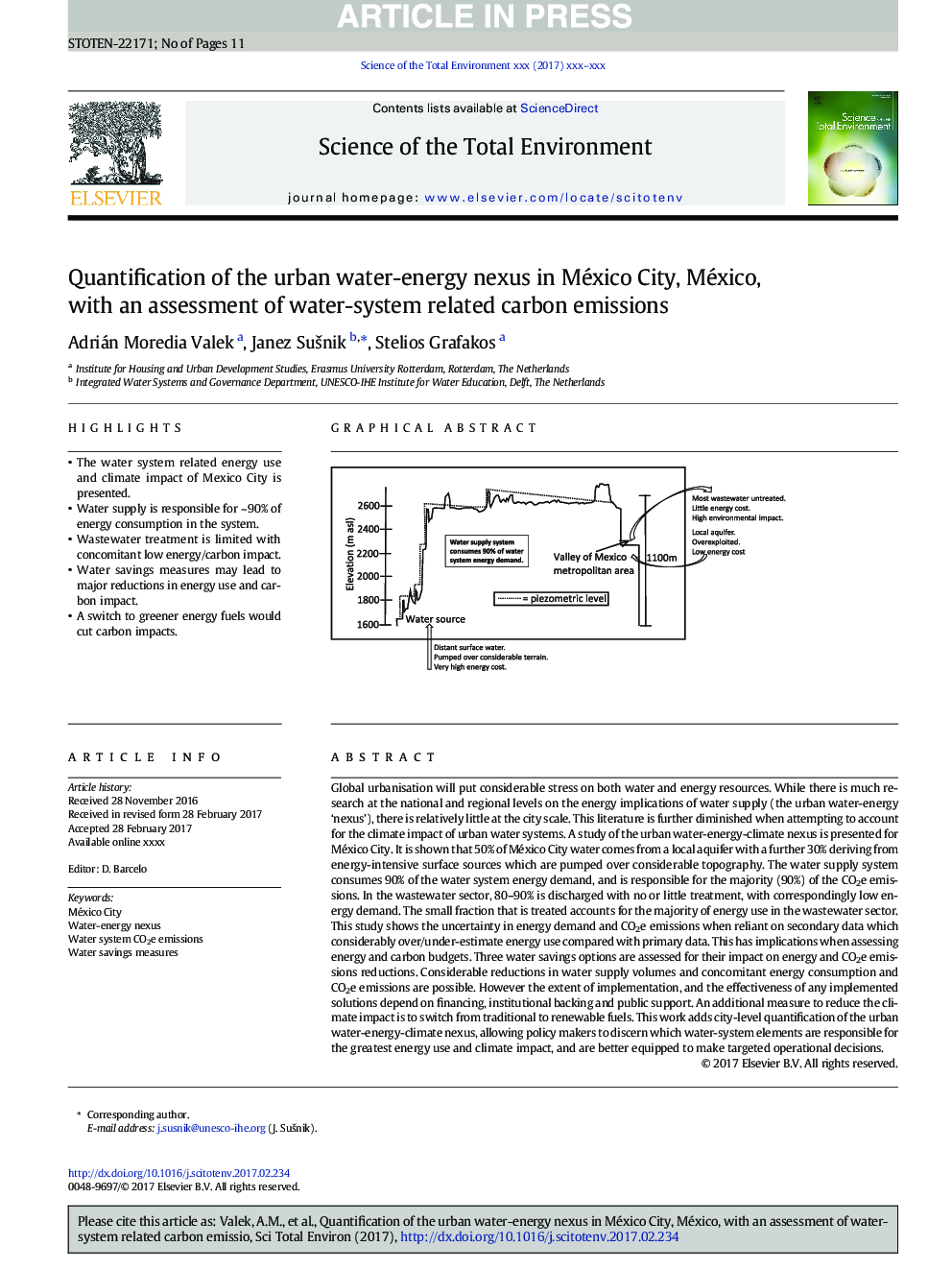 Quantification of the urban water-energy nexus in México City, México, with an assessment of water-system related carbon emissions