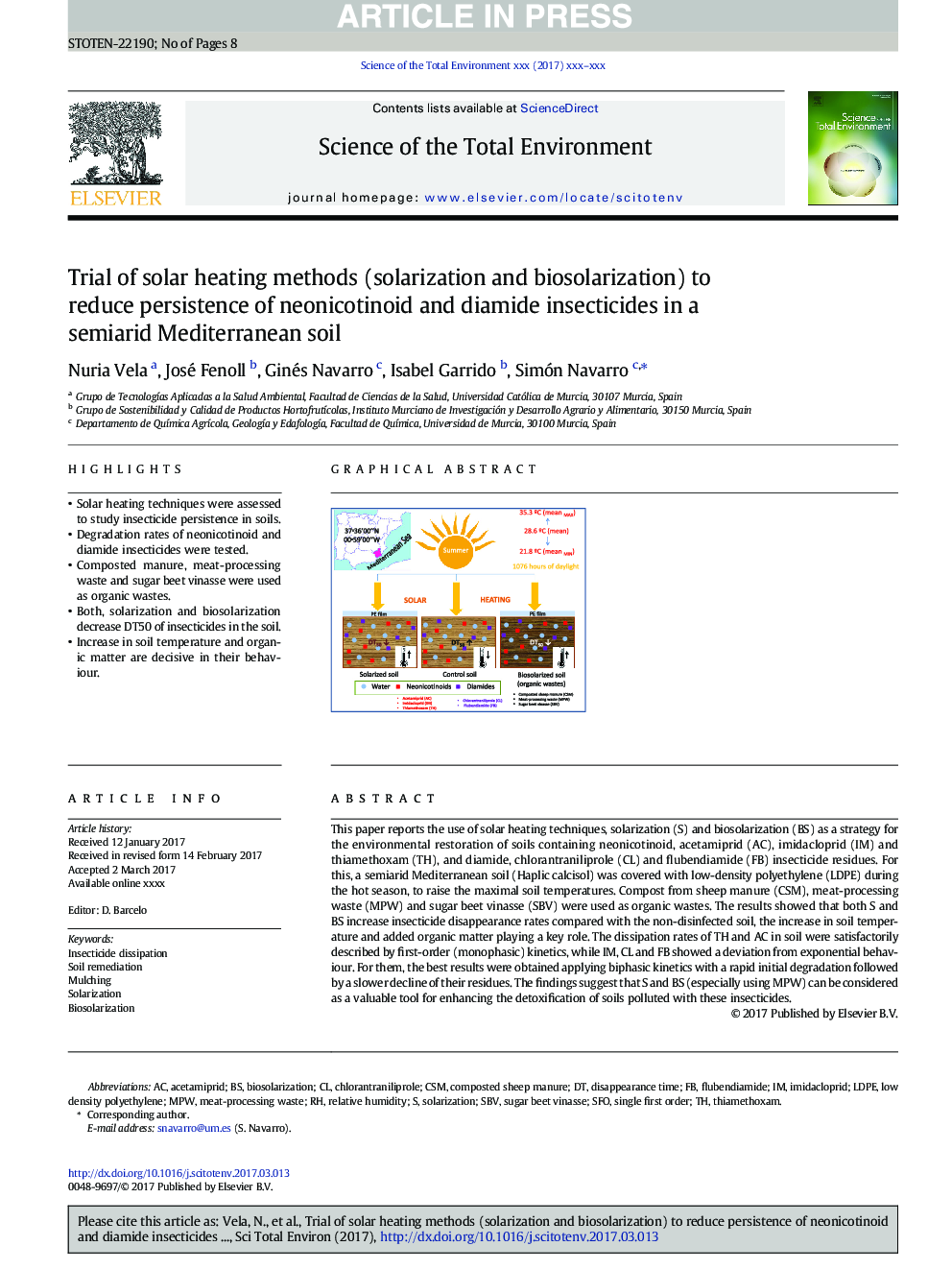 Trial of solar heating methods (solarization and biosolarization) to reduce persistence of neonicotinoid and diamide insecticides in a semiarid Mediterranean soil