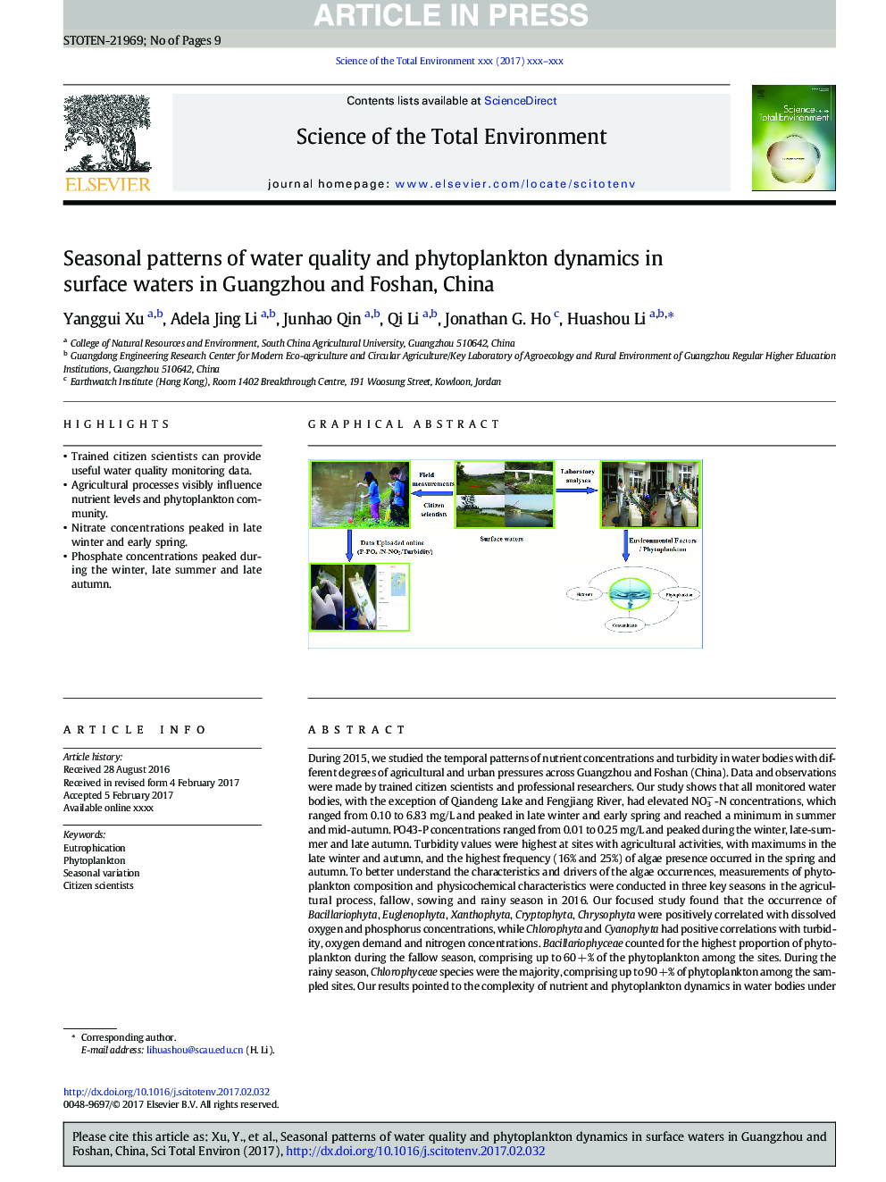 Seasonal patterns of water quality and phytoplankton dynamics in surface waters in Guangzhou and Foshan, China
