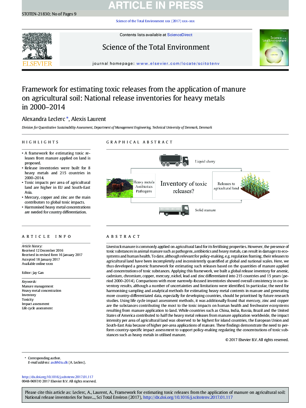 چارچوب برای تخمین انتشار سمی از کاربرد کود در خاک های کشاورزی: ​​موجودی انتشار ملی برای فلزات سنگین در سال های 2000-2014 