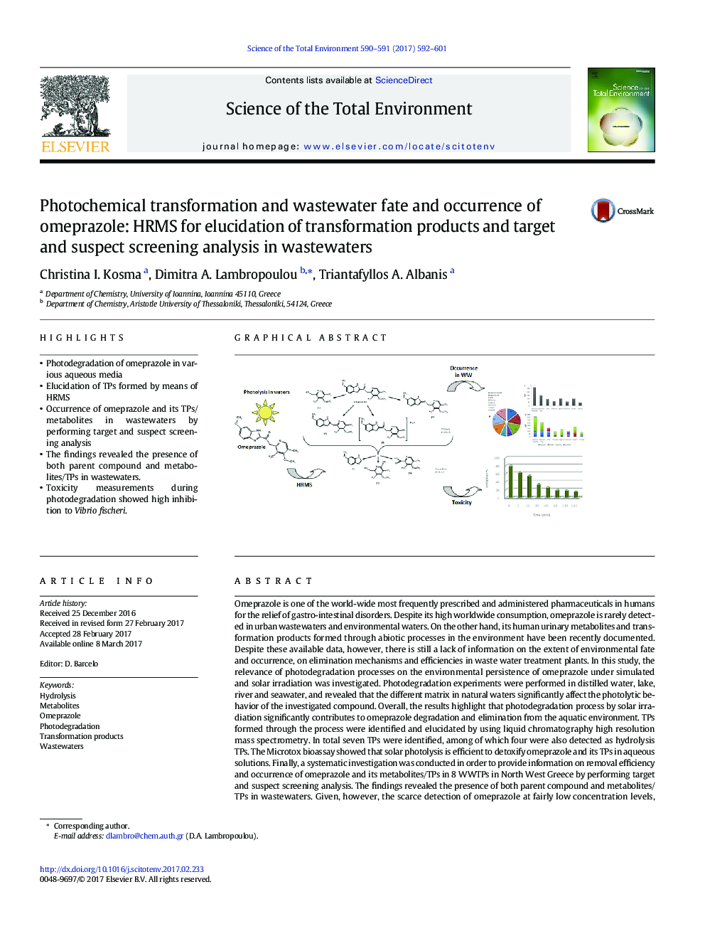 Photochemical transformation and wastewater fate and occurrence of omeprazole: HRMS for elucidation of transformation products and target and suspect screening analysis in wastewaters