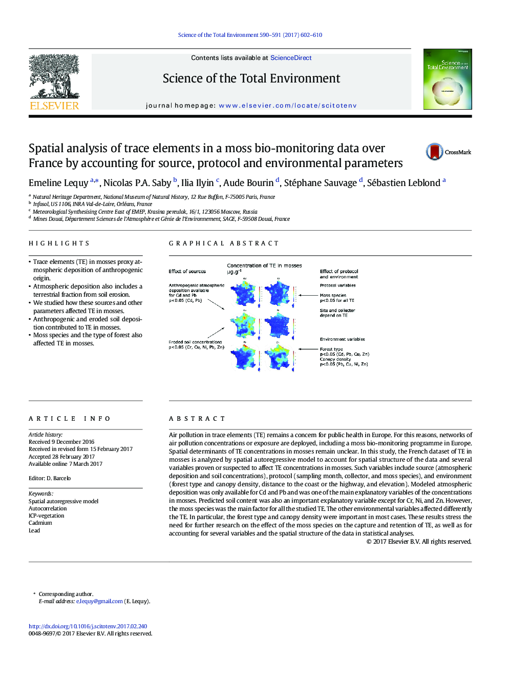 Spatial analysis of trace elements in a moss bio-monitoring data over France by accounting for source, protocol and environmental parameters