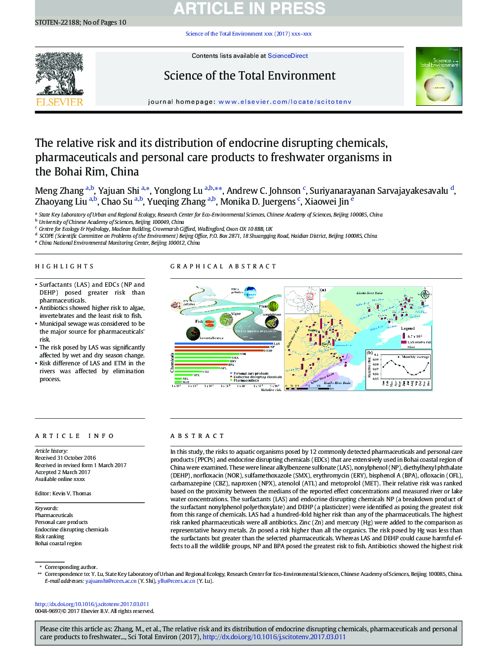 The relative risk and its distribution of endocrine disrupting chemicals, pharmaceuticals and personal care products to freshwater organisms in the Bohai Rim, China