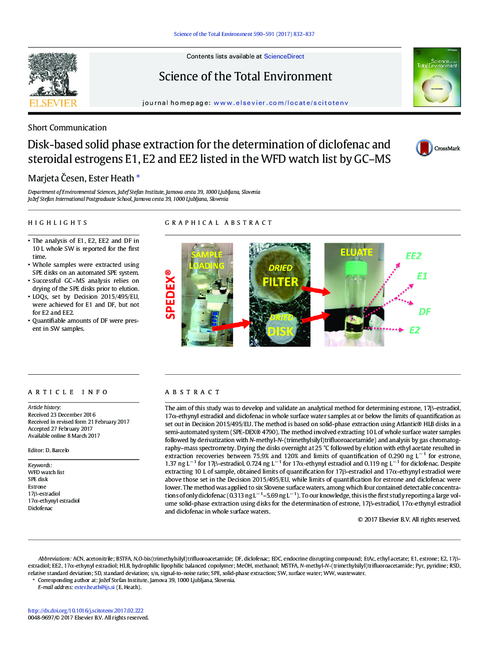 Short CommunicationDisk-based solid phase extraction for the determination of diclofenac and steroidal estrogens E1, E2 and EE2 listed in the WFD watch list by GC-MS