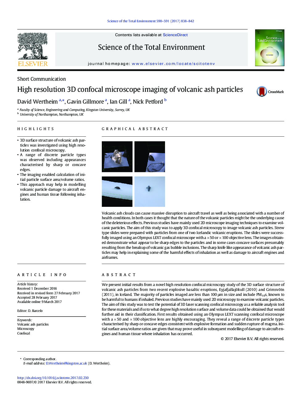 Short CommunicationHigh resolution 3D confocal microscope imaging of volcanic ash particles