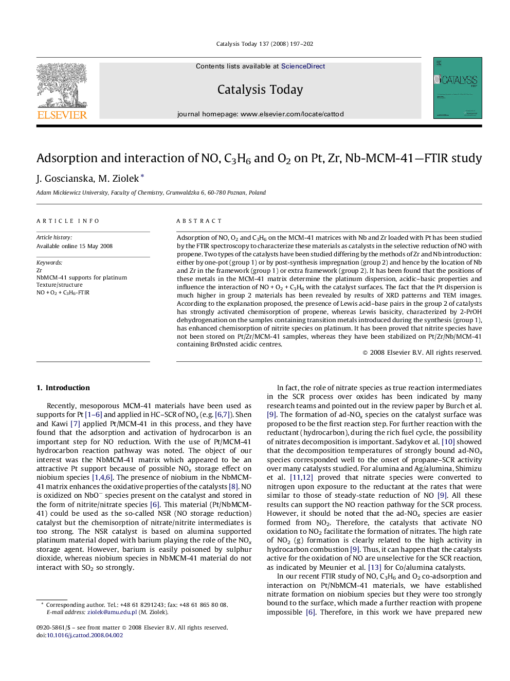 Adsorption and interaction of NO, C3H6 and O2 on Pt, Zr, Nb-MCM-41—FTIR study