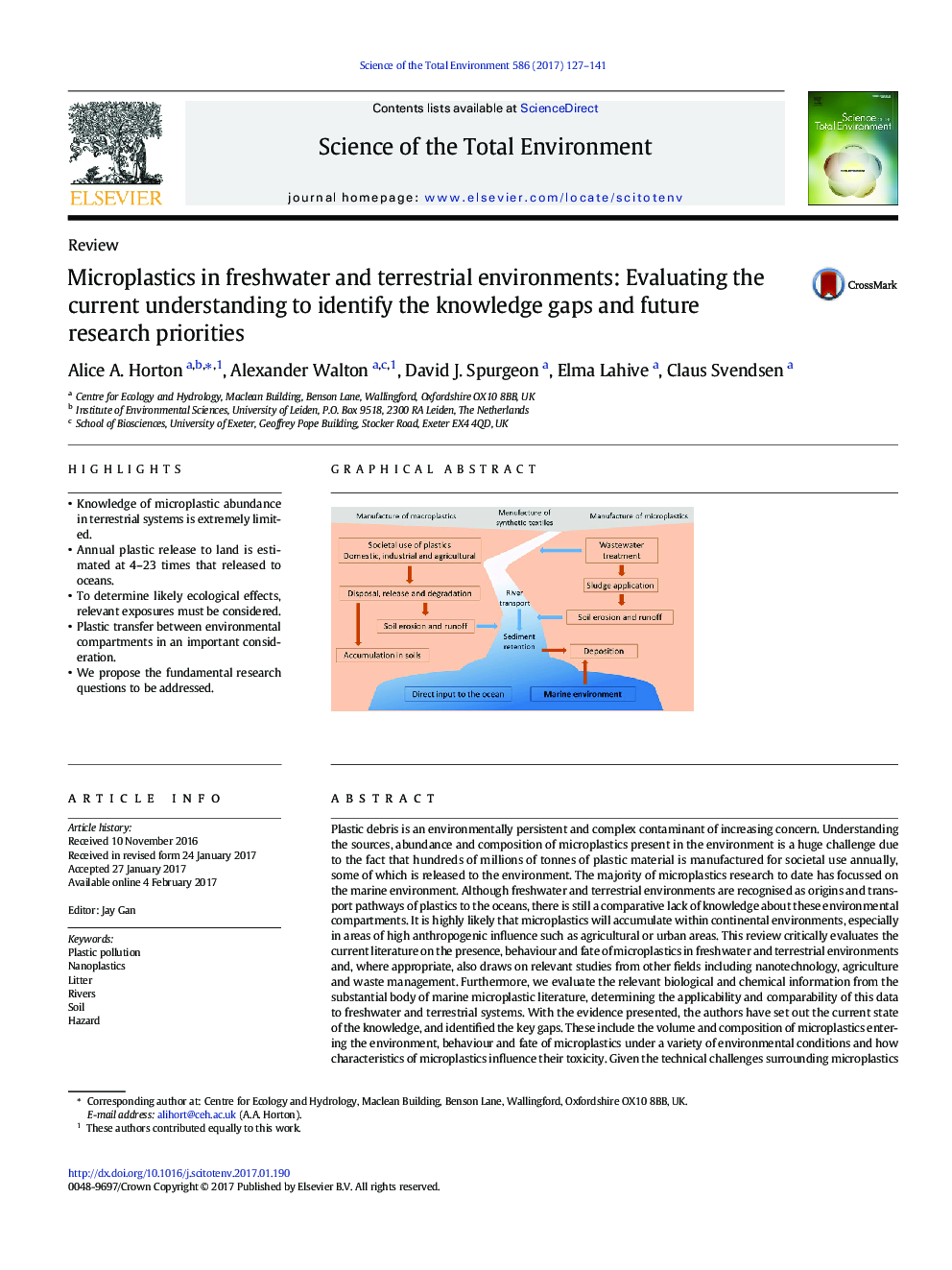 Microplastics in freshwater and terrestrial environments: Evaluating the current understanding to identify the knowledge gaps and future research priorities