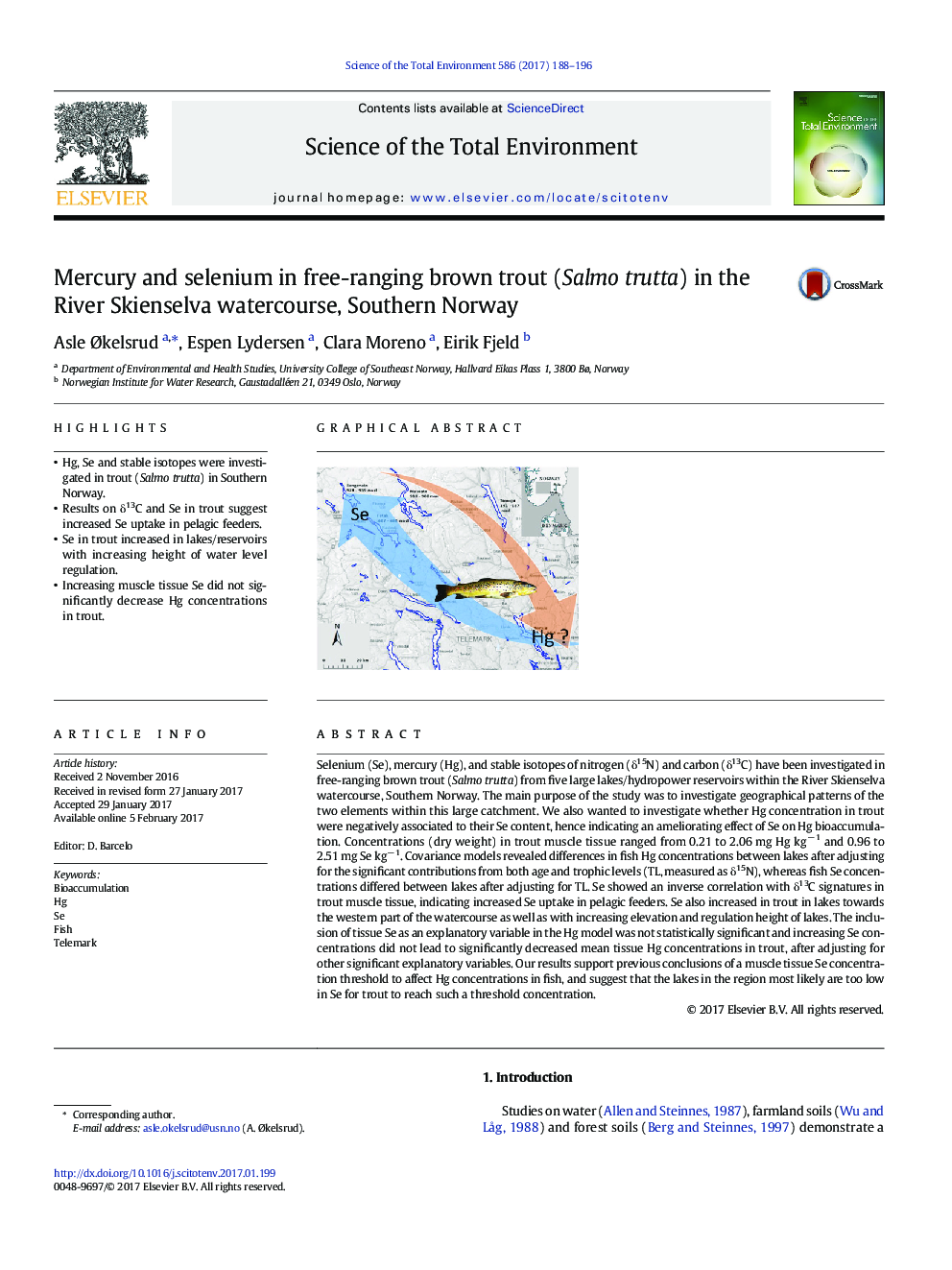 Mercury and selenium in free-ranging brown trout (Salmo trutta) in the River Skienselva watercourse, Southern Norway