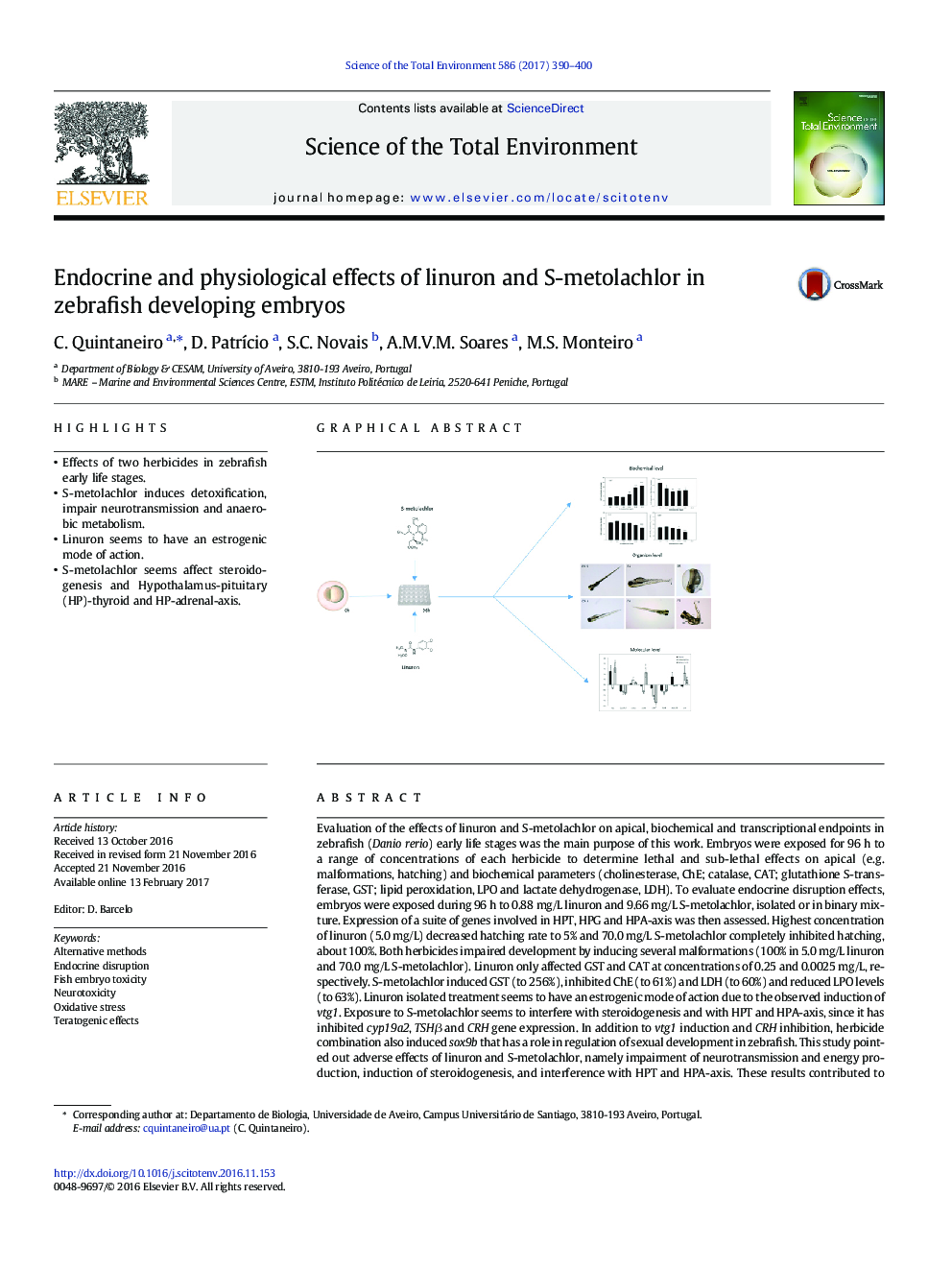 Endocrine and physiological effects of linuron and S-metolachlor in zebrafish developing embryos