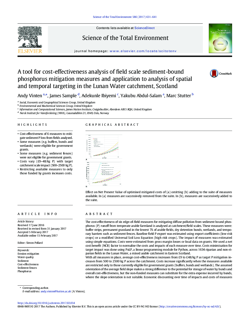 A tool for cost-effectiveness analysis of field scale sediment-bound phosphorus mitigation measures and application to analysis of spatial and temporal targeting in the Lunan Water catchment, Scotland