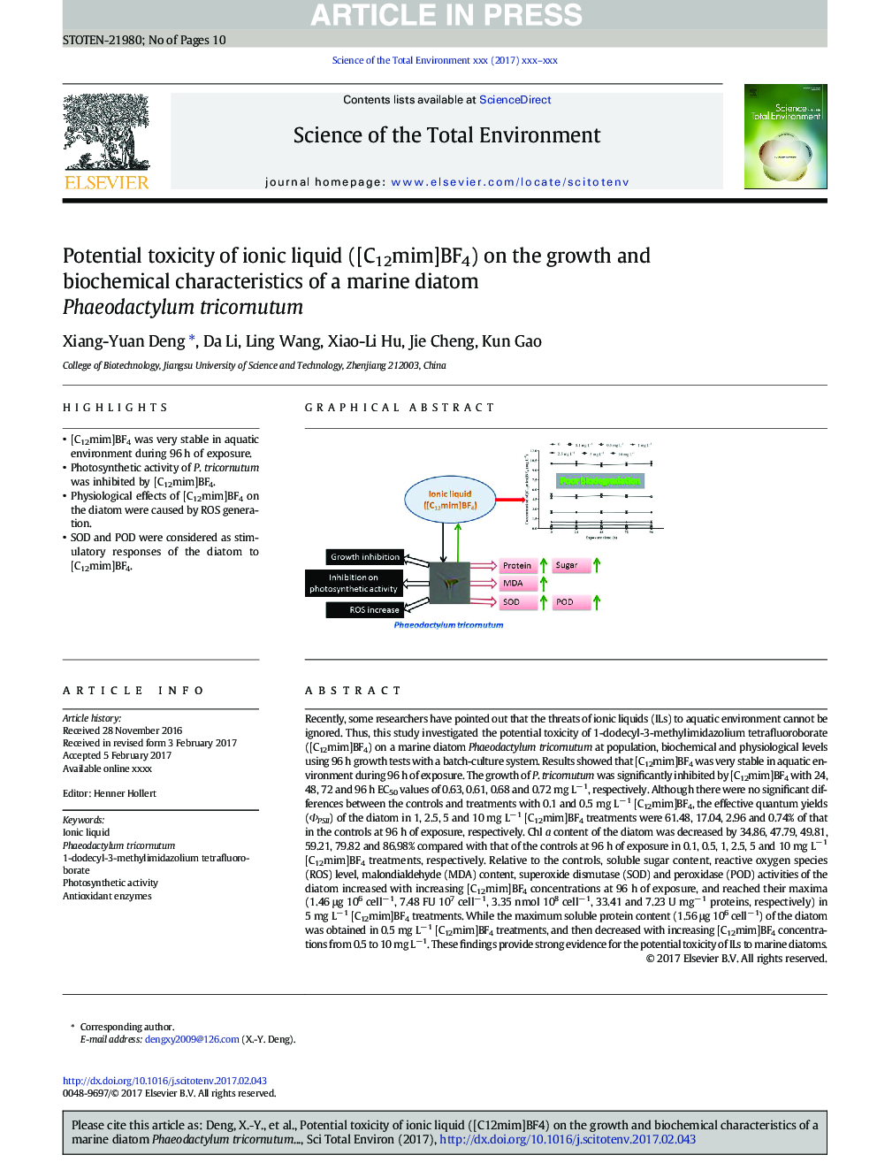 Potential toxicity of ionic liquid ([C12mim]BF4) on the growth and biochemical characteristics of a marine diatom Phaeodactylum tricornutum