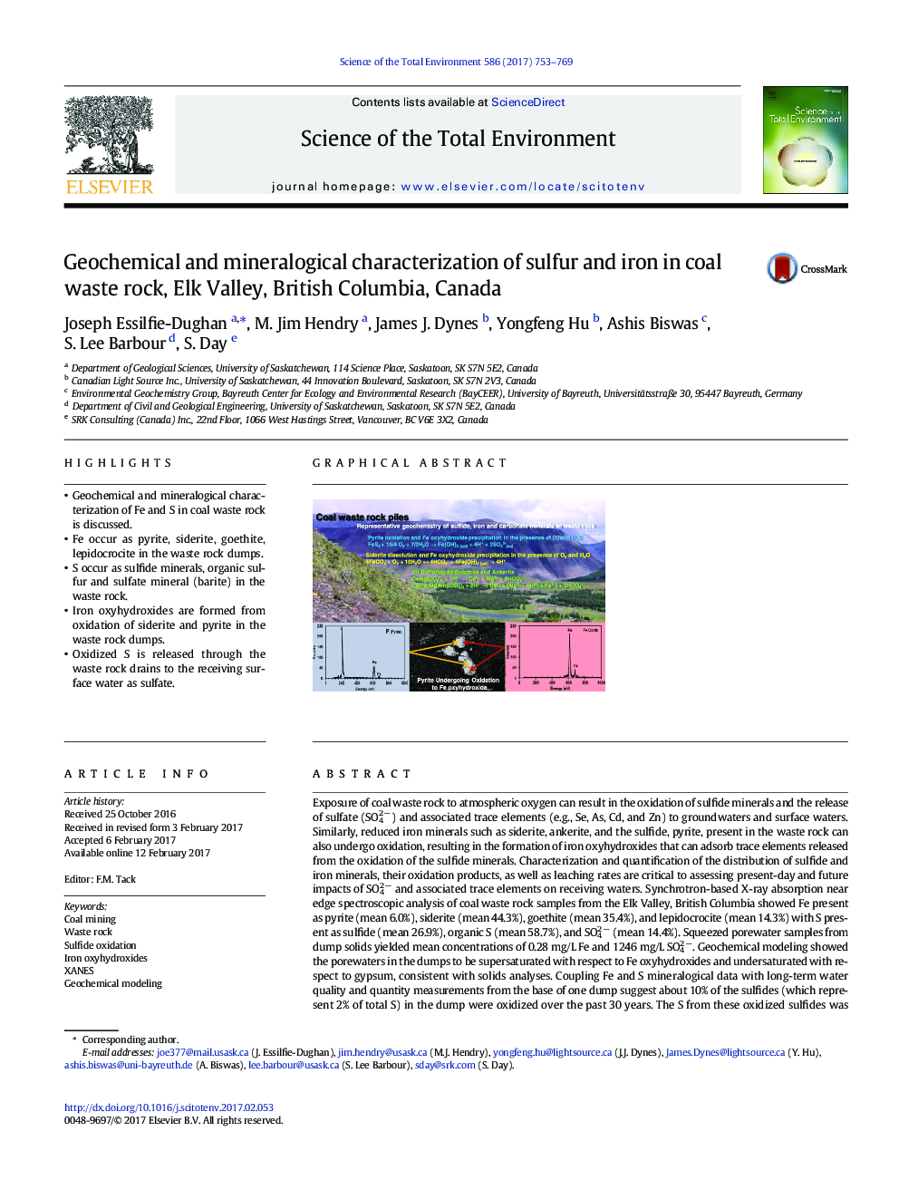 Geochemical and mineralogical characterization of sulfur and iron in coal waste rock, Elk Valley, British Columbia, Canada