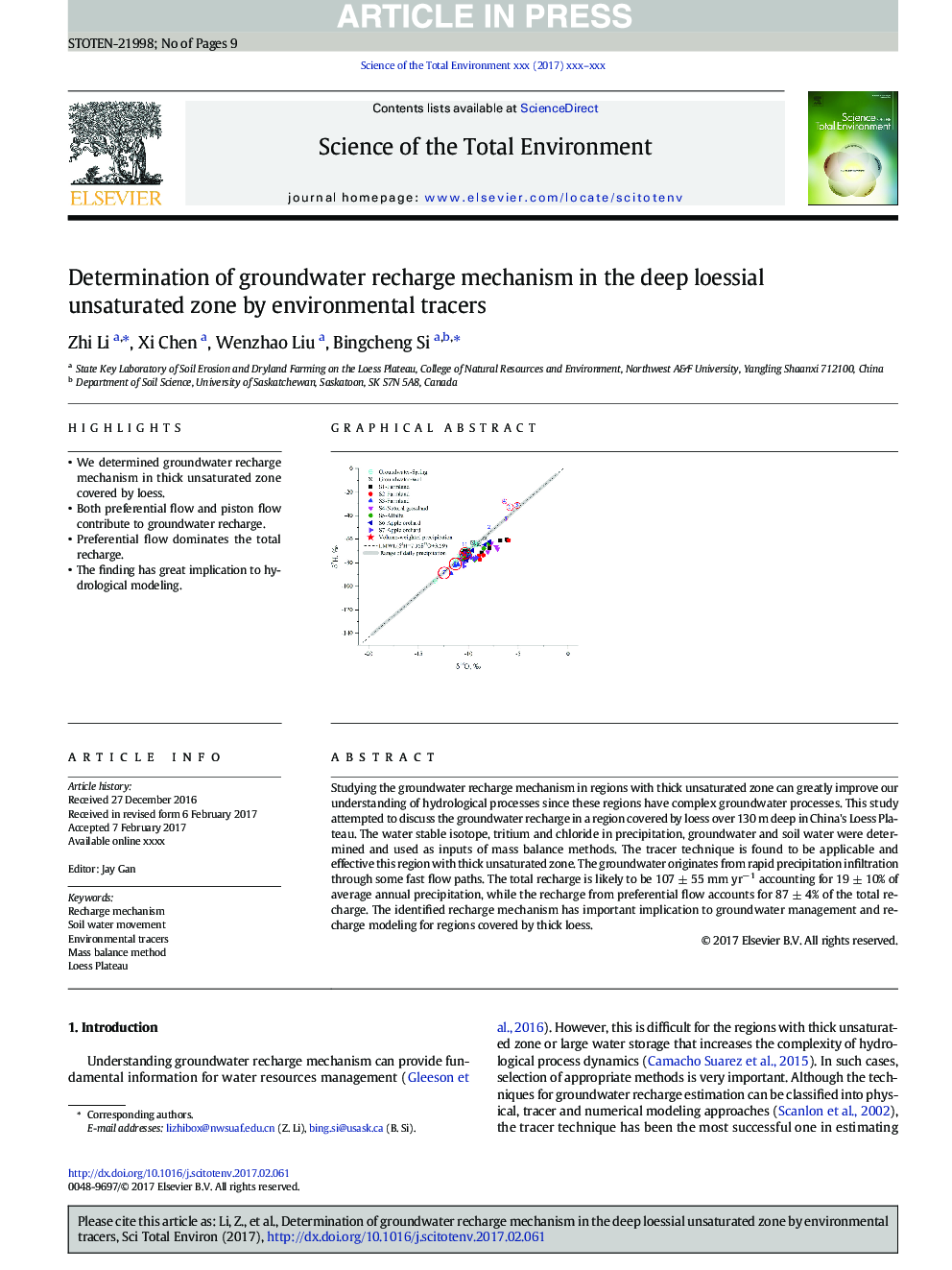 Determination of groundwater recharge mechanism in the deep loessial unsaturated zone by environmental tracers