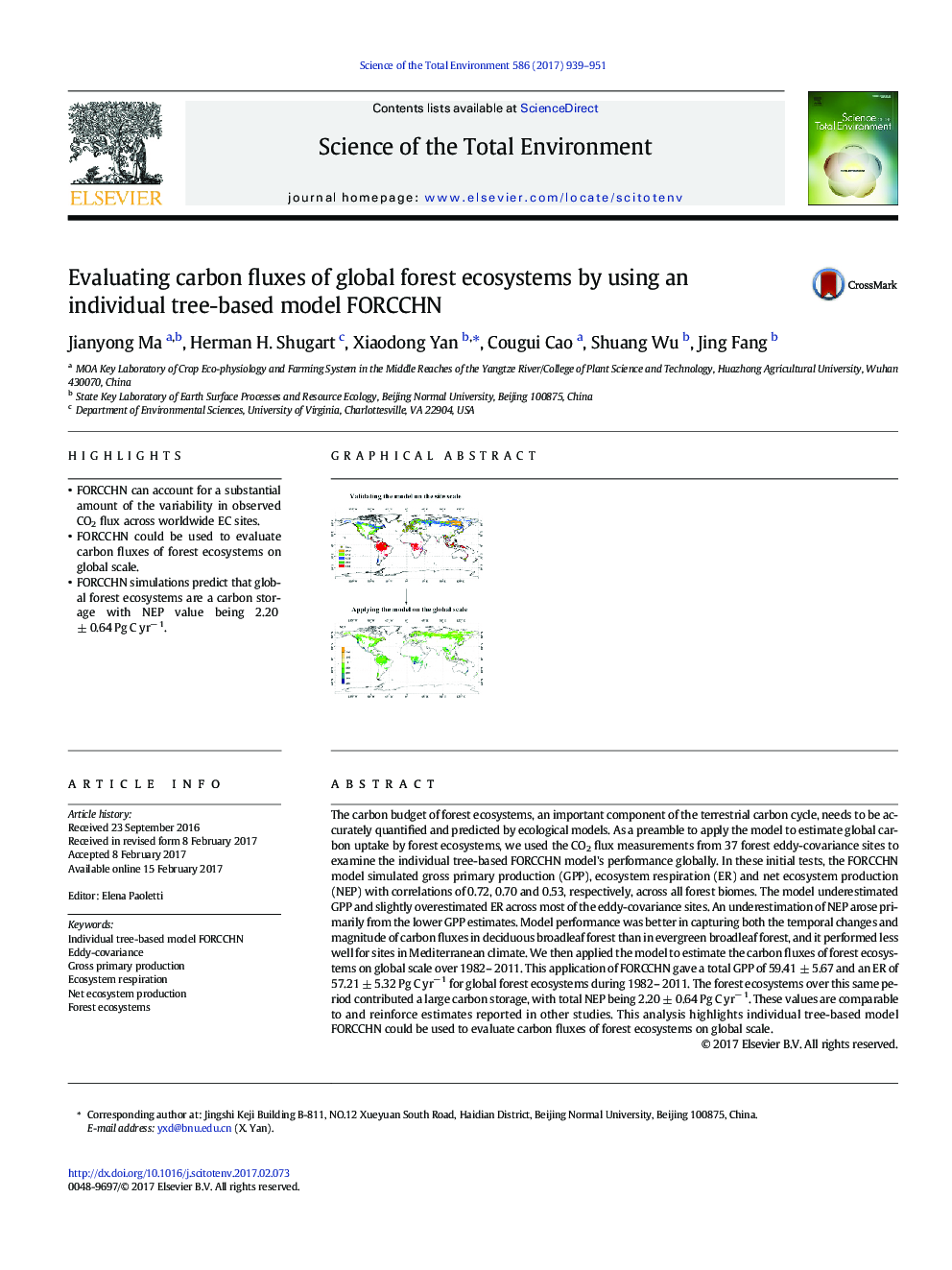 Evaluating carbon fluxes of global forest ecosystems by using an individual tree-based model FORCCHN