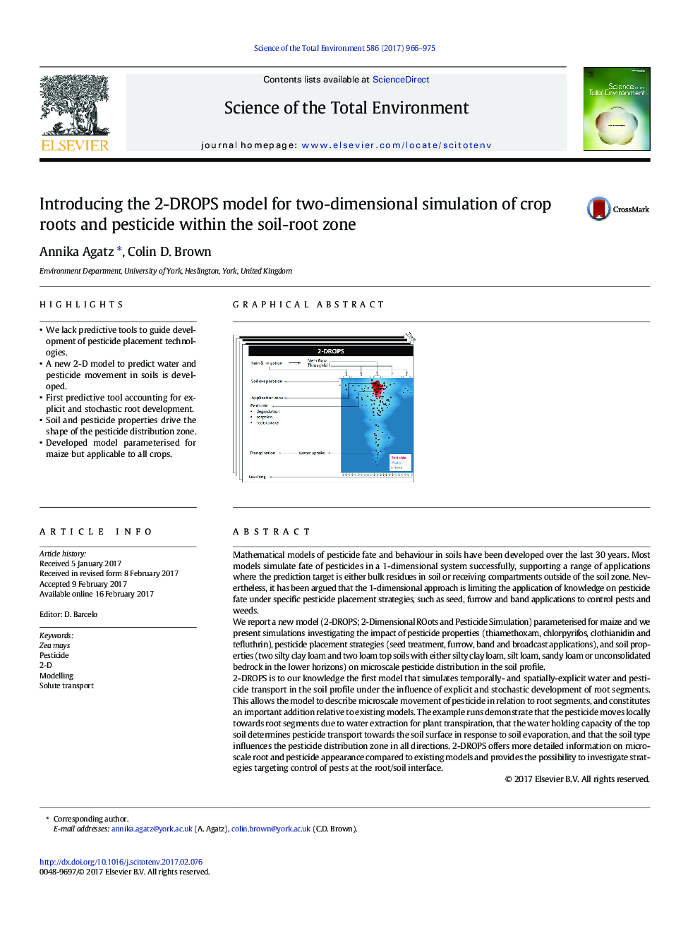 Introducing the 2-DROPS model for two-dimensional simulation of crop roots and pesticide within the soil-root zone