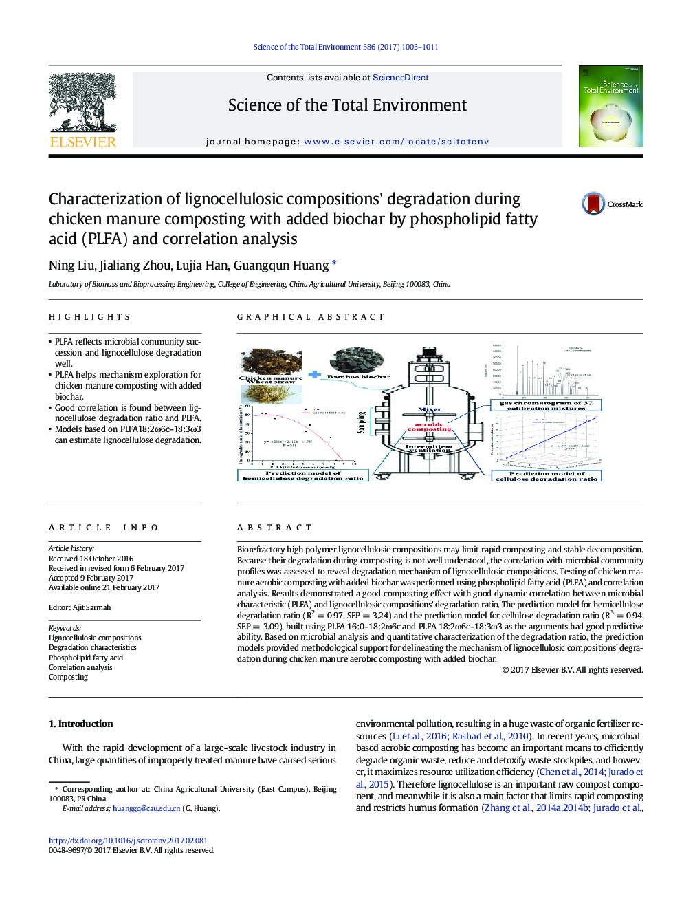 Characterization of lignocellulosic compositions' degradation during chicken manure composting with added biochar by phospholipid fatty acid (PLFA) and correlation analysis