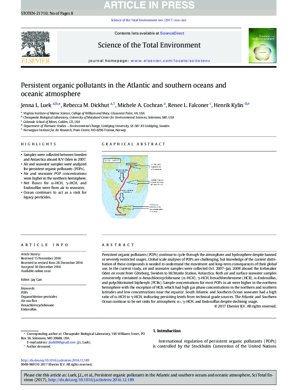Persistent organic pollutants in the Atlantic and southern oceans and oceanic atmosphere