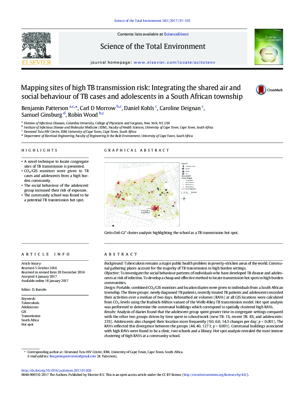 Mapping sites of high TB transmission risk: Integrating the shared air and social behaviour of TB cases and adolescents in a South African township