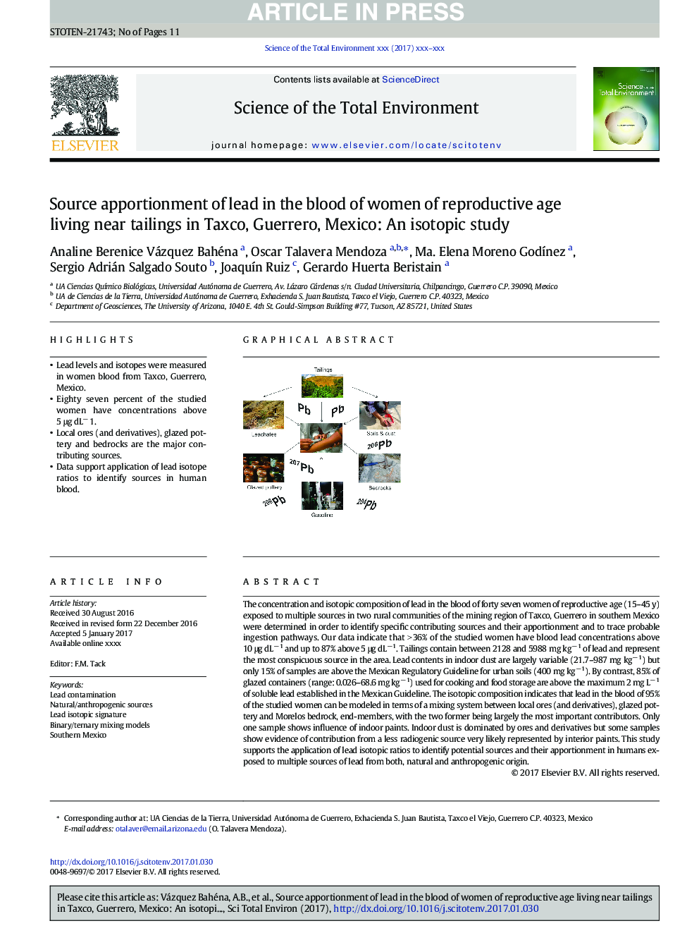 Source apportionment of lead in the blood of women of reproductive age living near tailings in Taxco, Guerrero, Mexico: An isotopic study