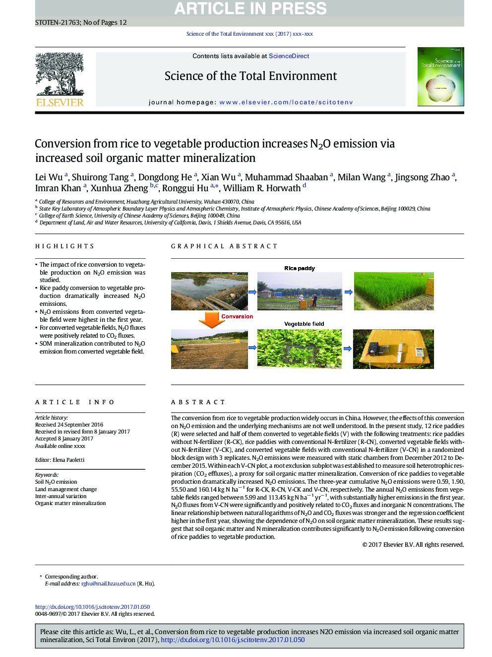 Conversion from rice to vegetable production increases N2O emission via increased soil organic matter mineralization