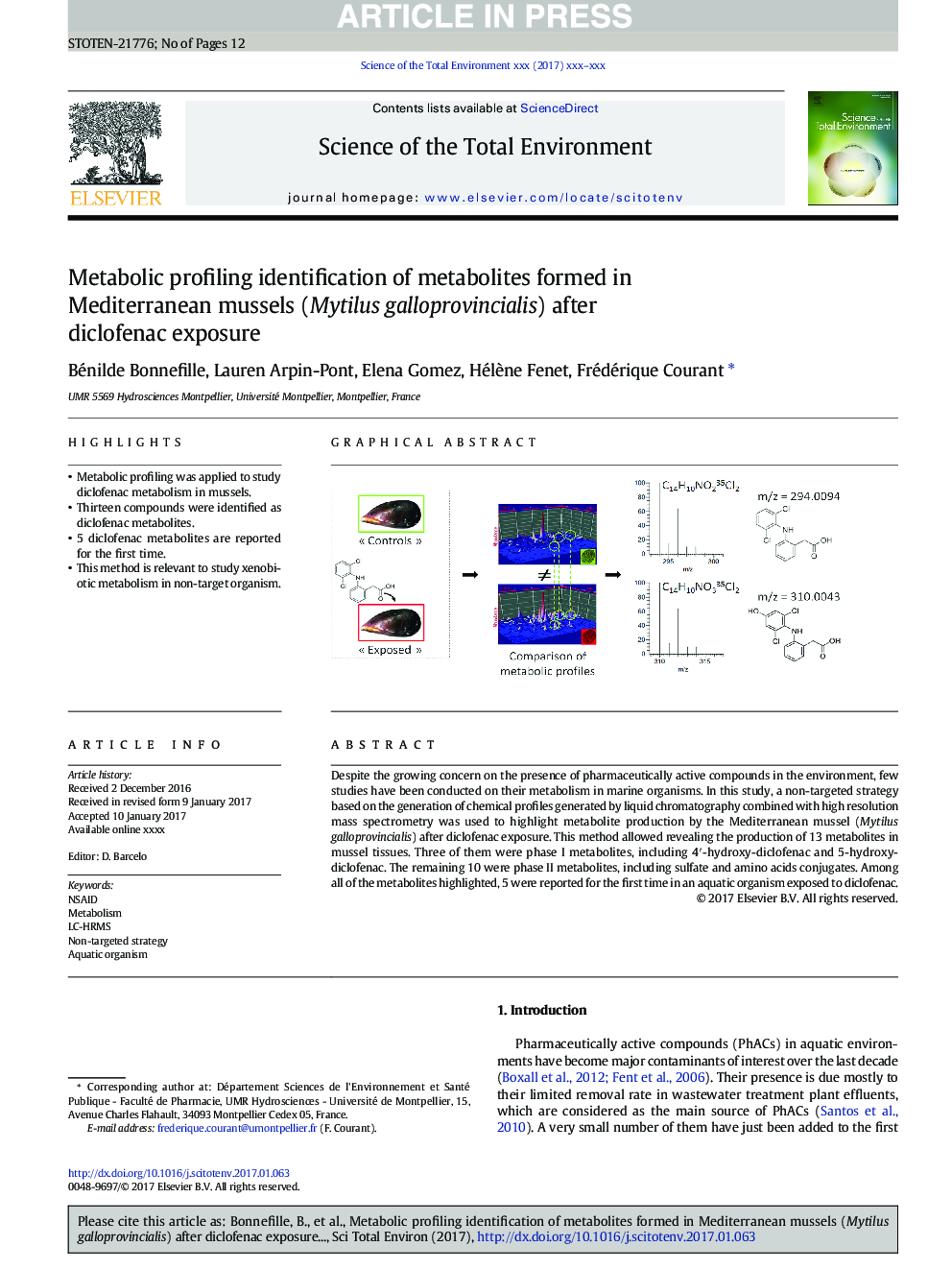 Metabolic profiling identification of metabolites formed in Mediterranean mussels (Mytilus galloprovincialis) after diclofenac exposure