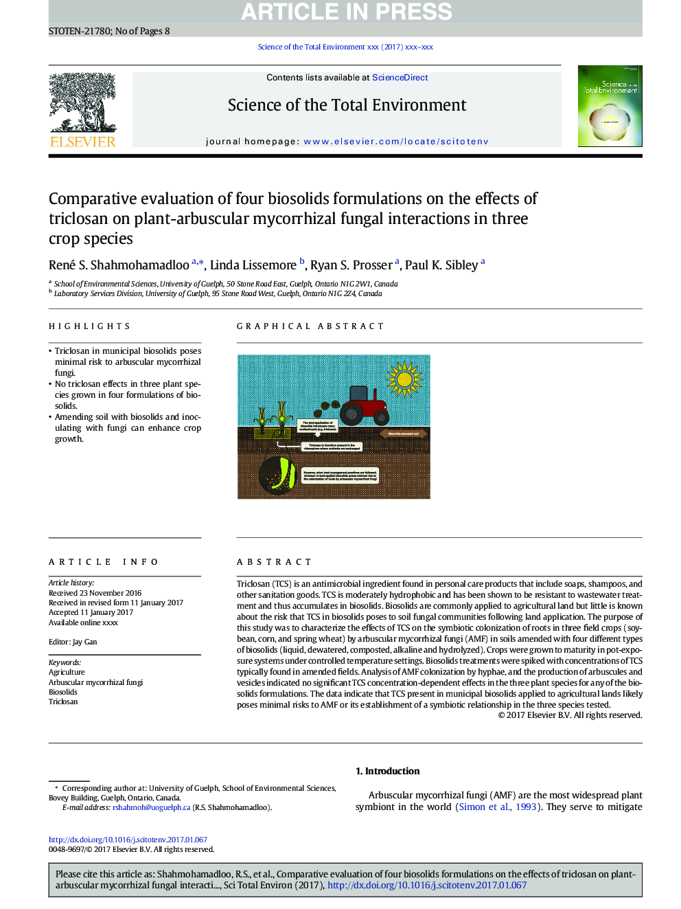 Comparative evaluation of four biosolids formulations on the effects of triclosan on plant-arbuscular mycorrhizal fungal interactions in three crop species