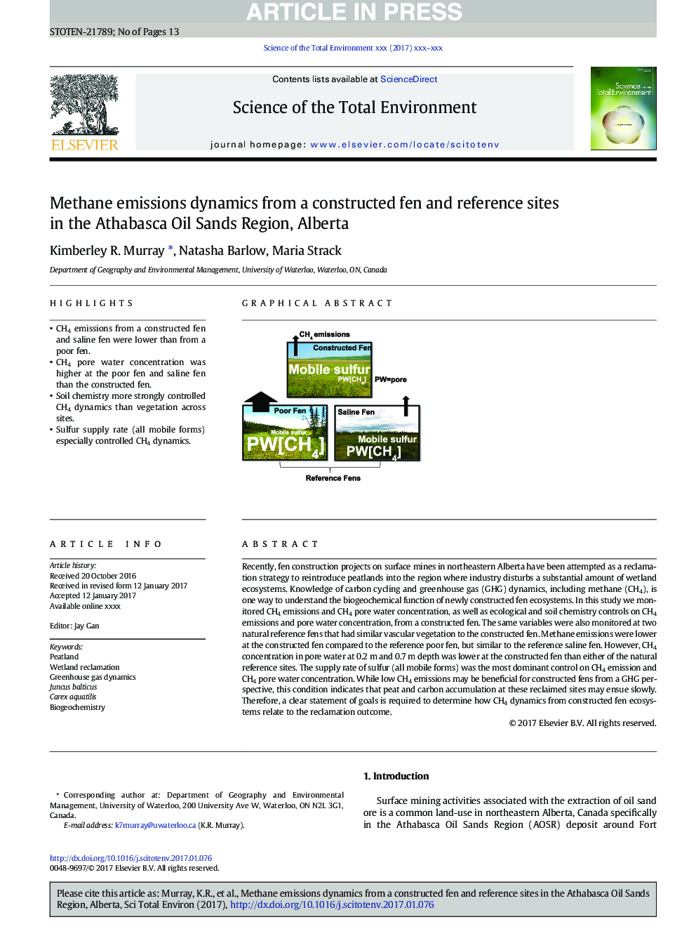 Methane emissions dynamics from a constructed fen and reference sites in the Athabasca Oil Sands Region, Alberta