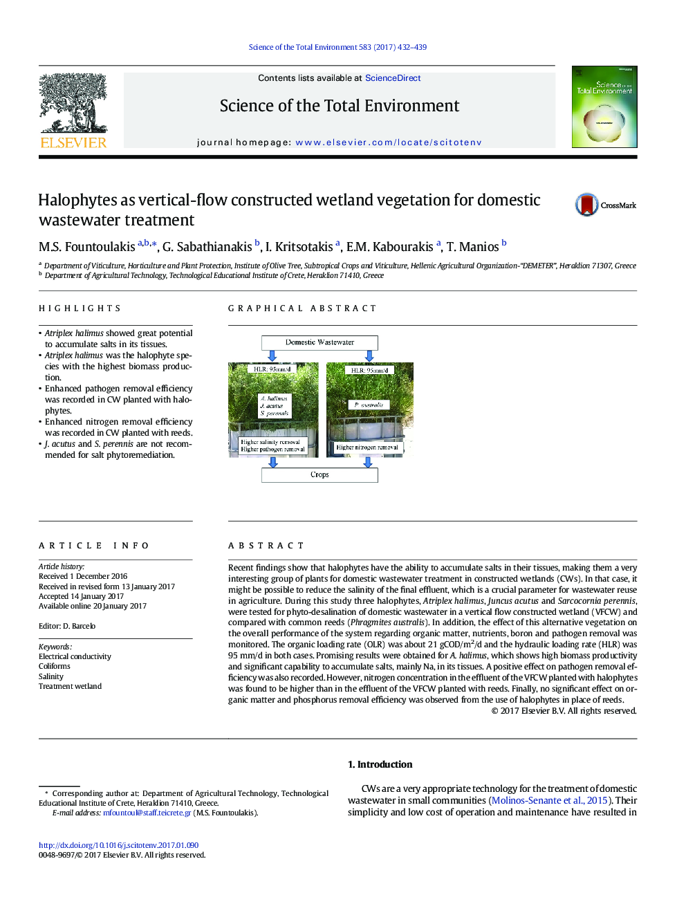 Halophytes as vertical-flow constructed wetland vegetation for domestic wastewater treatment