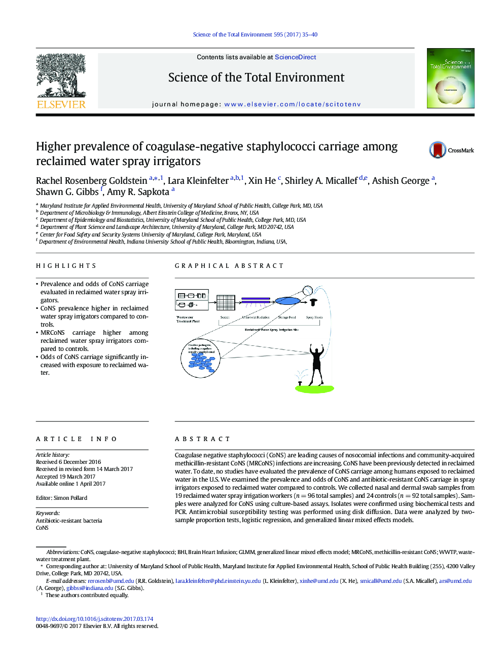 Higher prevalence of coagulase-negative staphylococci carriage among reclaimed water spray irrigators