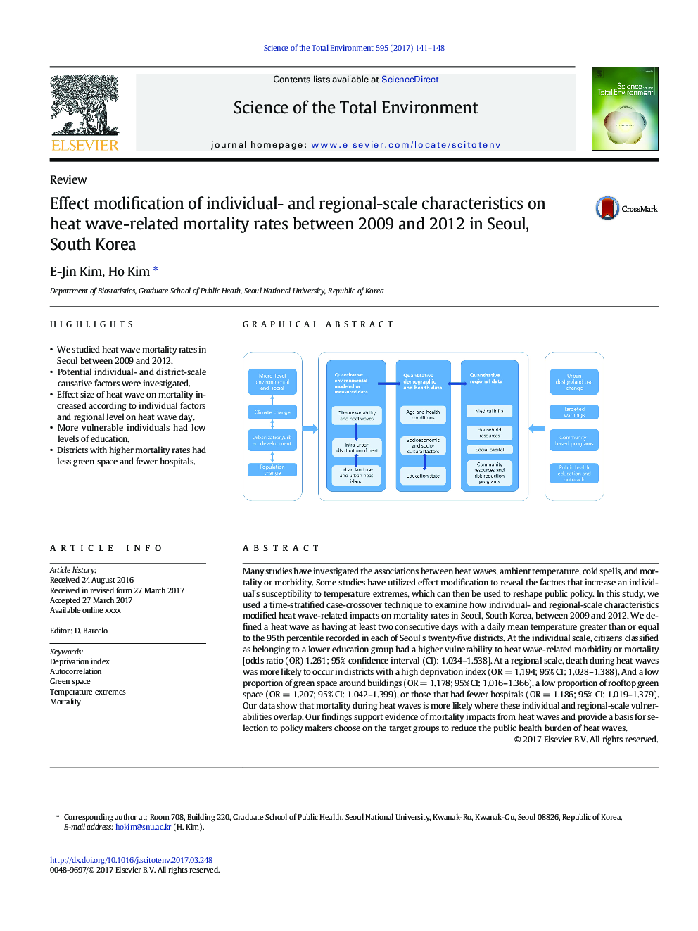 Effect modification of individual- and regional-scale characteristics on heat wave-related mortality rates between 2009 and 2012 in Seoul, South Korea