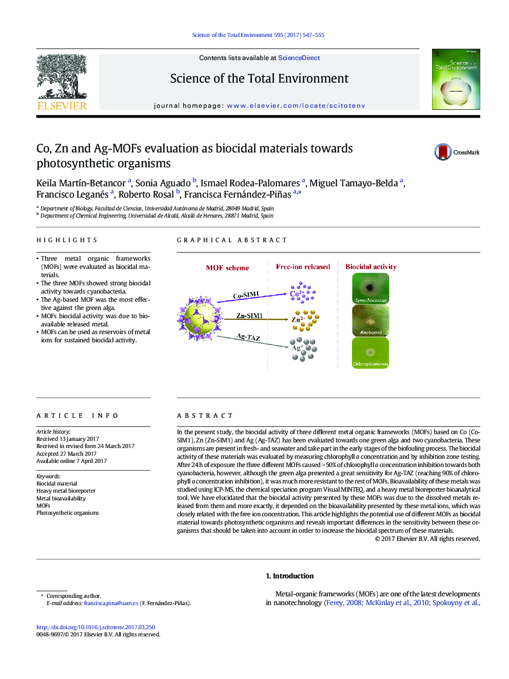 Co, Zn and Ag-MOFs evaluation as biocidal materials towards photosynthetic organisms