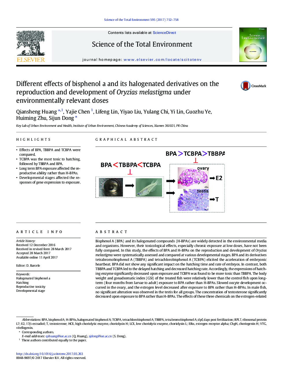 Different effects of bisphenol a and its halogenated derivatives on the reproduction and development of Oryzias melastigma under environmentally relevant doses