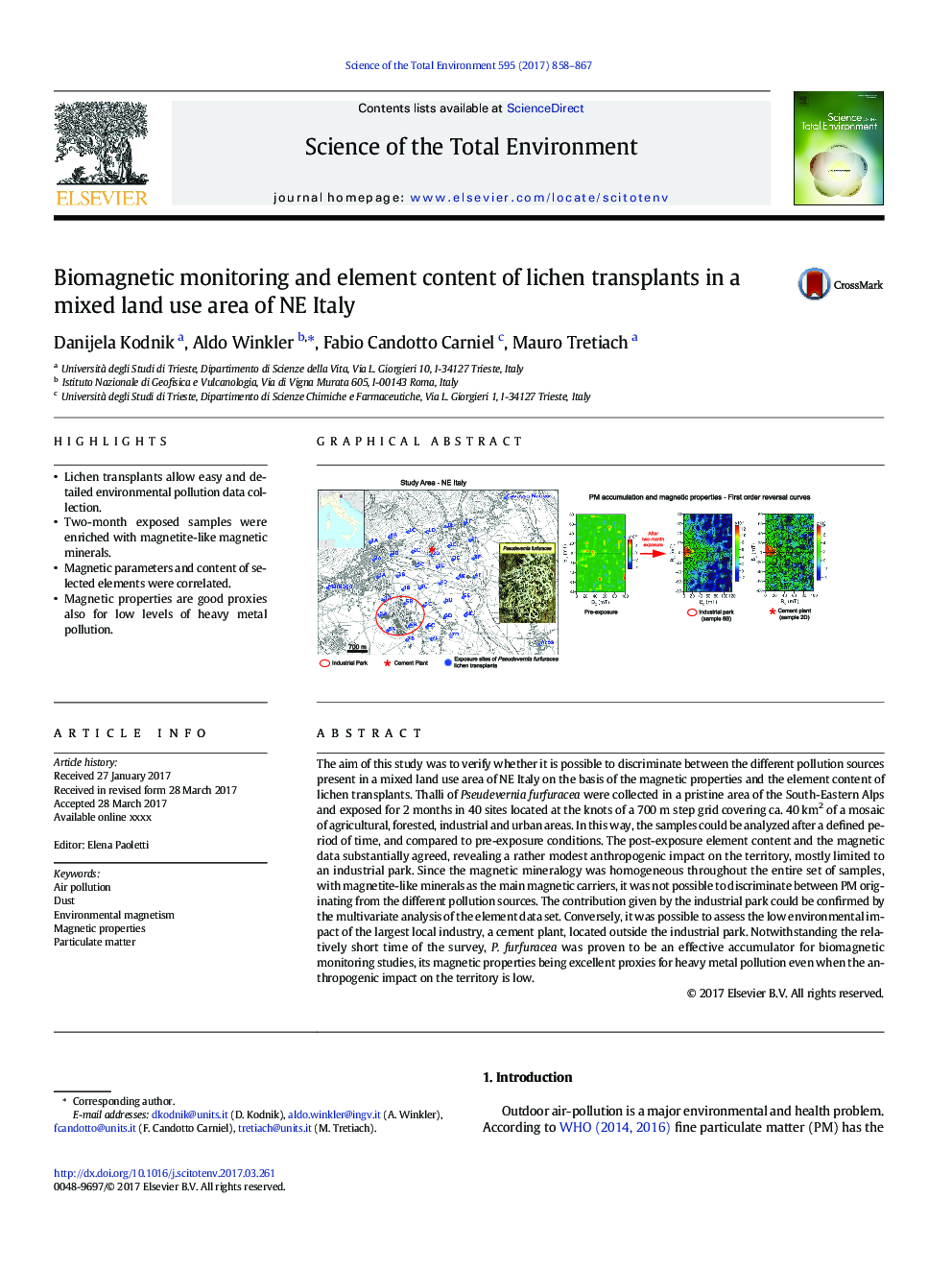 Biomagnetic monitoring and element content of lichen transplants in a mixed land use area of NE Italy