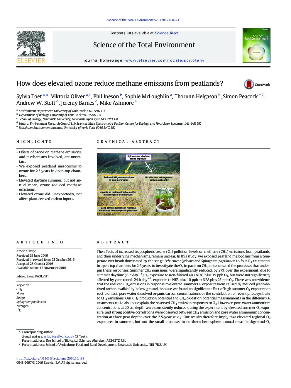 How does elevated ozone reduce methane emissions from peatlands?