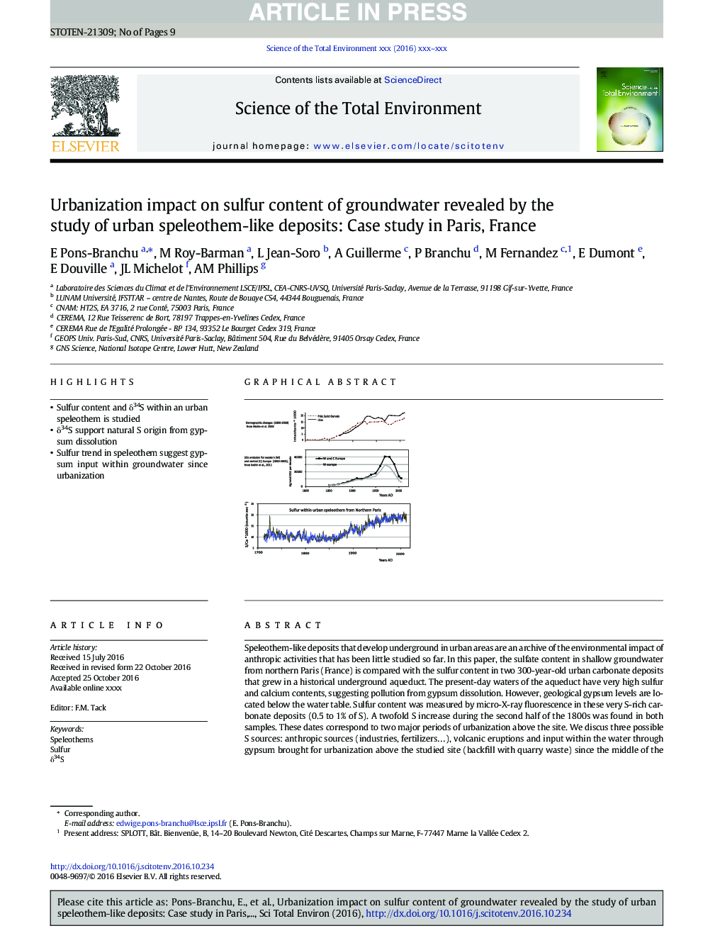 Urbanization impact on sulfur content of groundwater revealed by the study of urban speleothem-like deposits: Case study in Paris, France