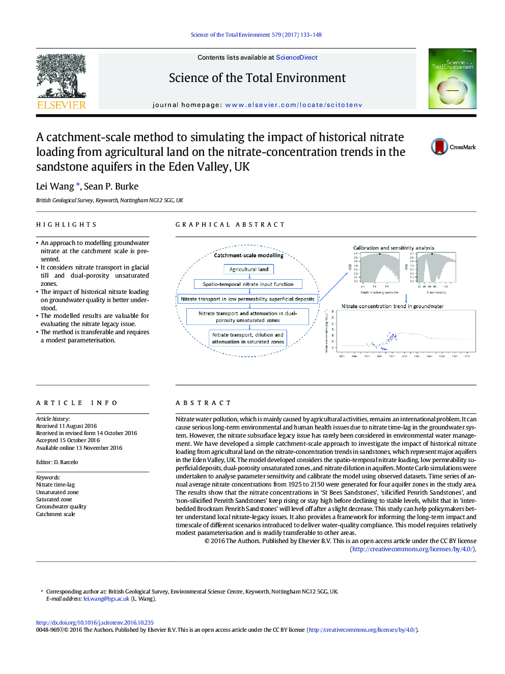 A catchment-scale method to simulating the impact of historical nitrate loading from agricultural land on the nitrate-concentration trends in the sandstone aquifers in the Eden Valley, UK