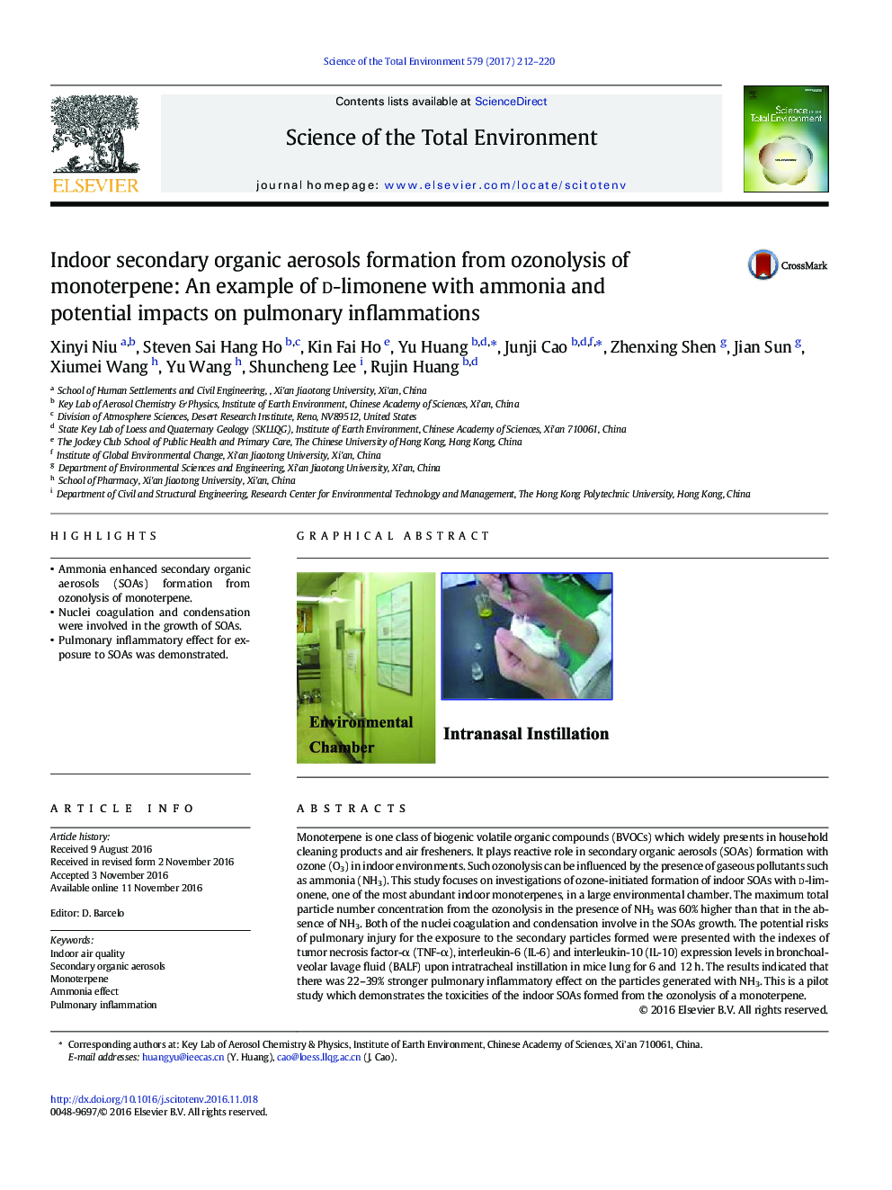 Indoor secondary organic aerosols formation from ozonolysis of monoterpene: An example of d-limonene with ammonia and potential impacts on pulmonary inflammations