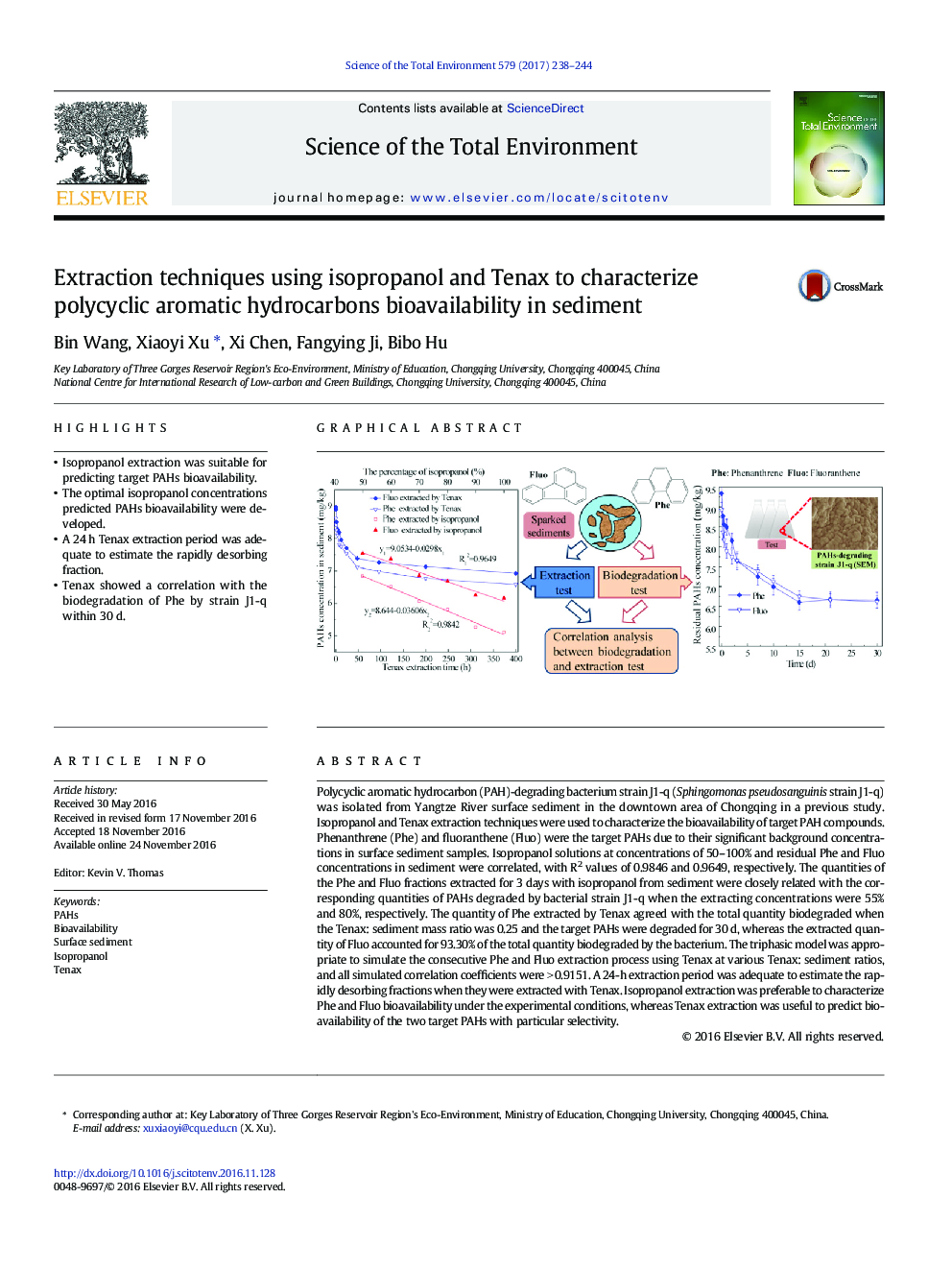 Extraction techniques using isopropanol and Tenax to characterize polycyclic aromatic hydrocarbons bioavailability in sediment