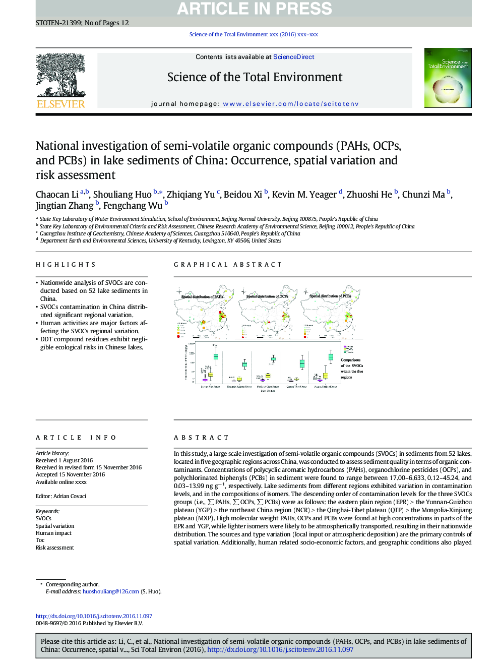 National investigation of semi-volatile organic compounds (PAHs, OCPs, and PCBs) in lake sediments of China: Occurrence, spatial variation and risk assessment