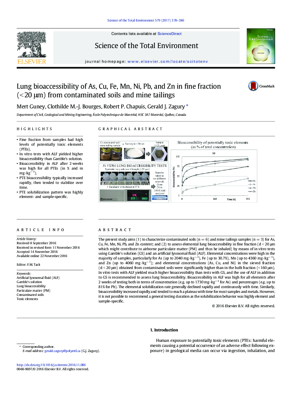 Lung bioaccessibility of As, Cu, Fe, Mn, Ni, Pb, and Zn in fine fraction (<Â 20Â Î¼m) from contaminated soils and mine tailings