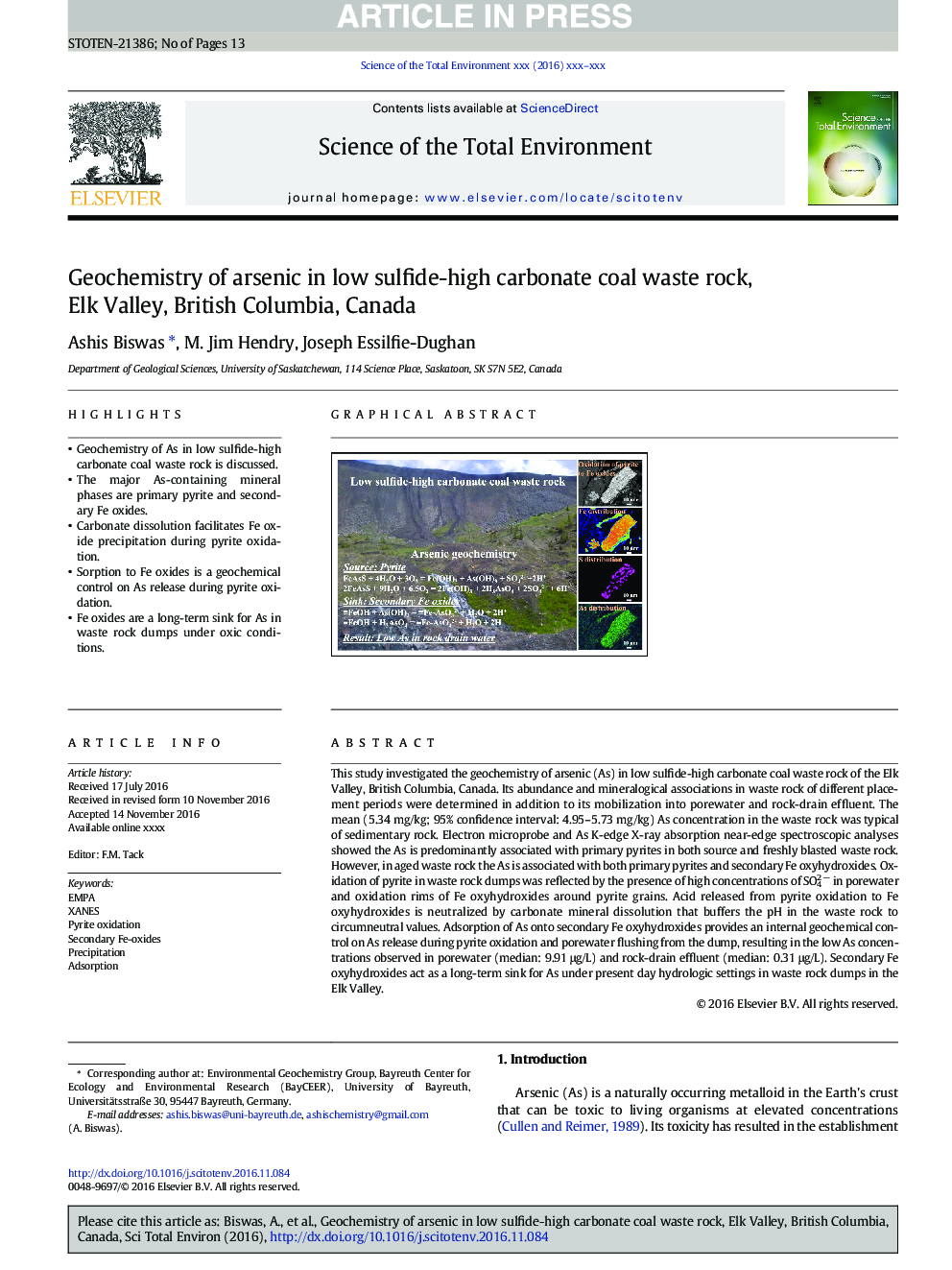 Geochemistry of arsenic in low sulfide-high carbonate coal waste rock, Elk Valley, British Columbia, Canada