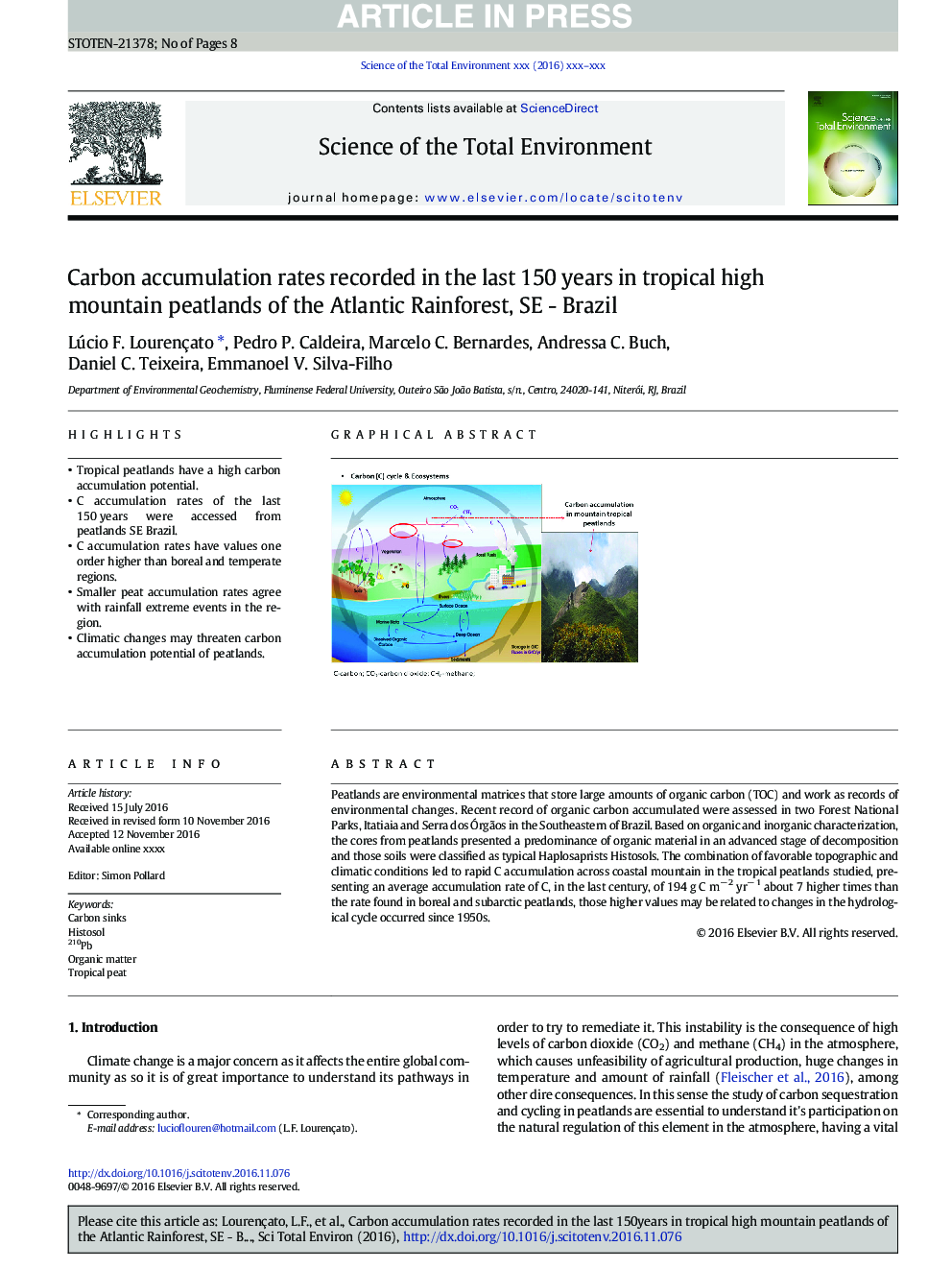 Carbon accumulation rates recorded in the last 150Â years in tropical high mountain peatlands of the Atlantic Rainforest, SE - Brazil