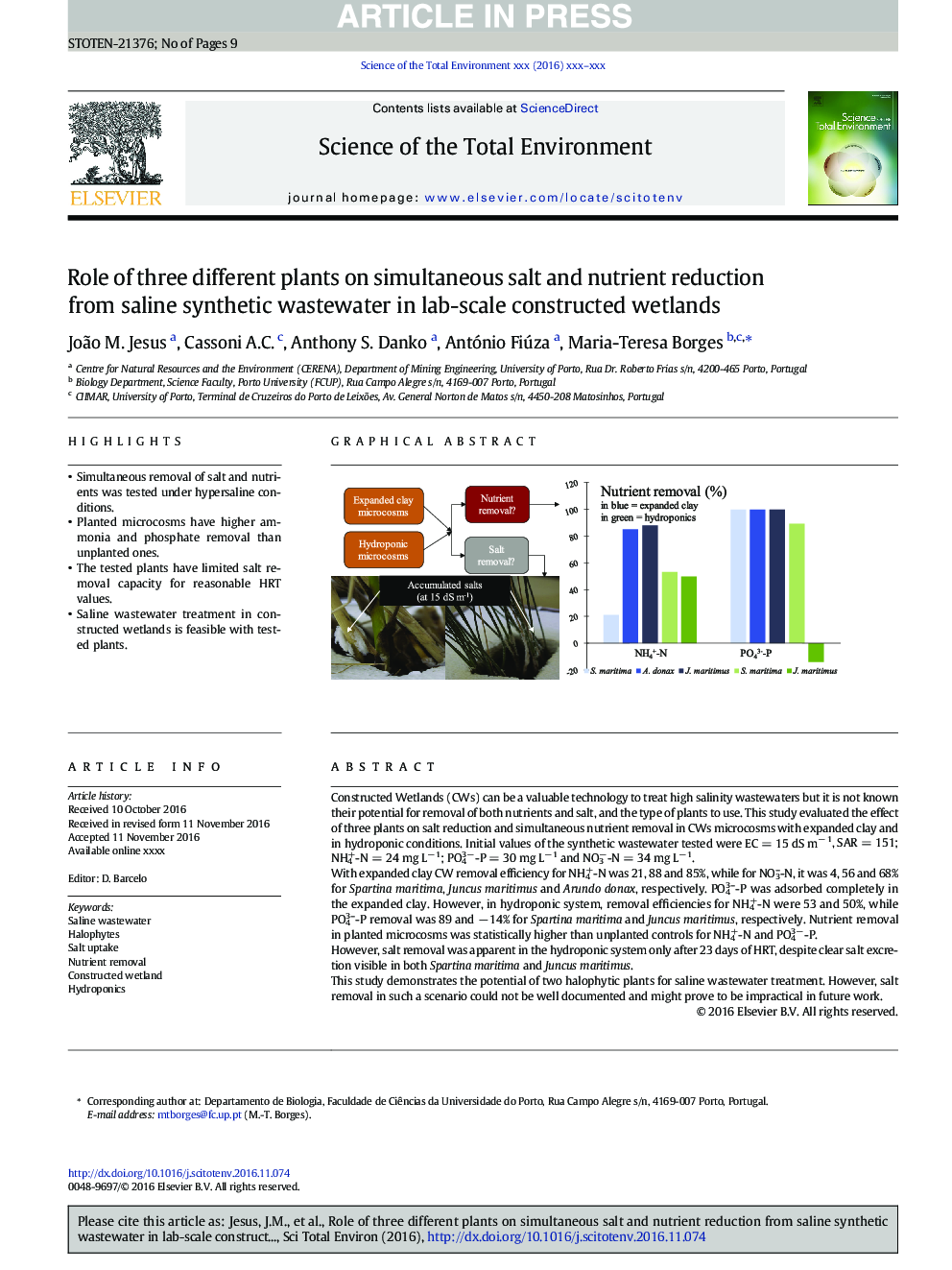 Role of three different plants on simultaneous salt and nutrient reduction from saline synthetic wastewater in lab-scale constructed wetlands